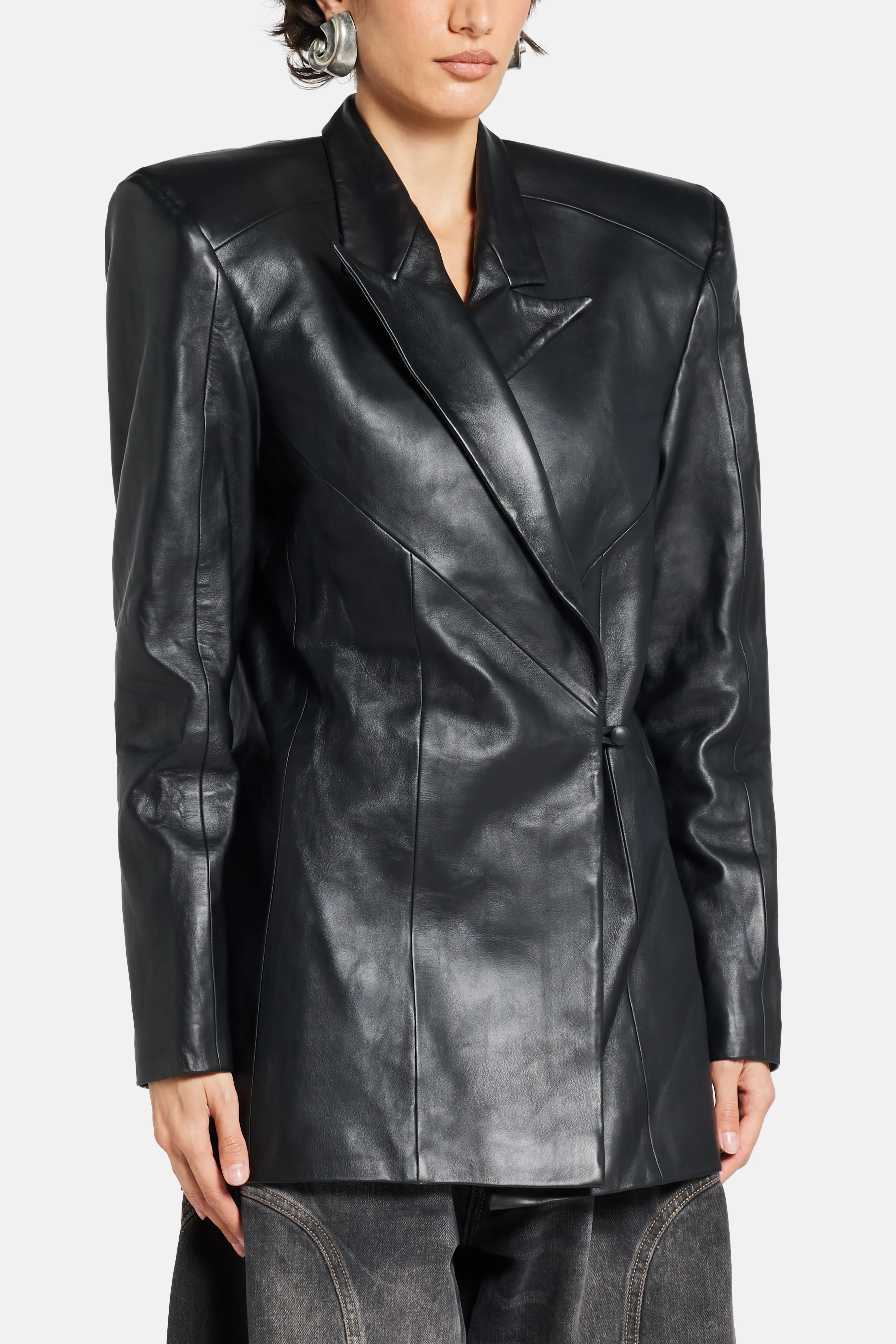 Oversized Vegan Leather Blazer in Black