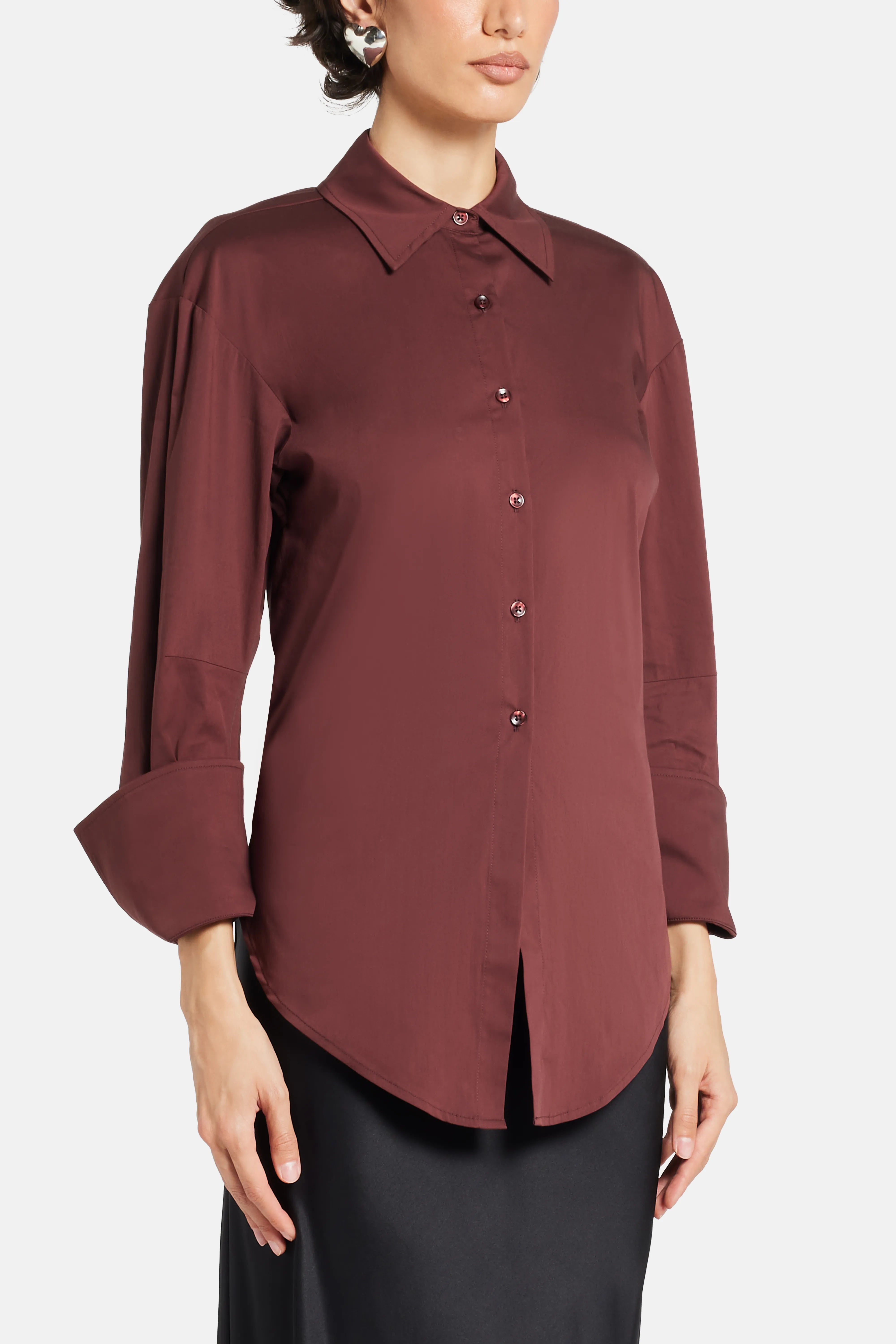 Loch Poplin Button Up Open Bow Back Cotton Top in Brown