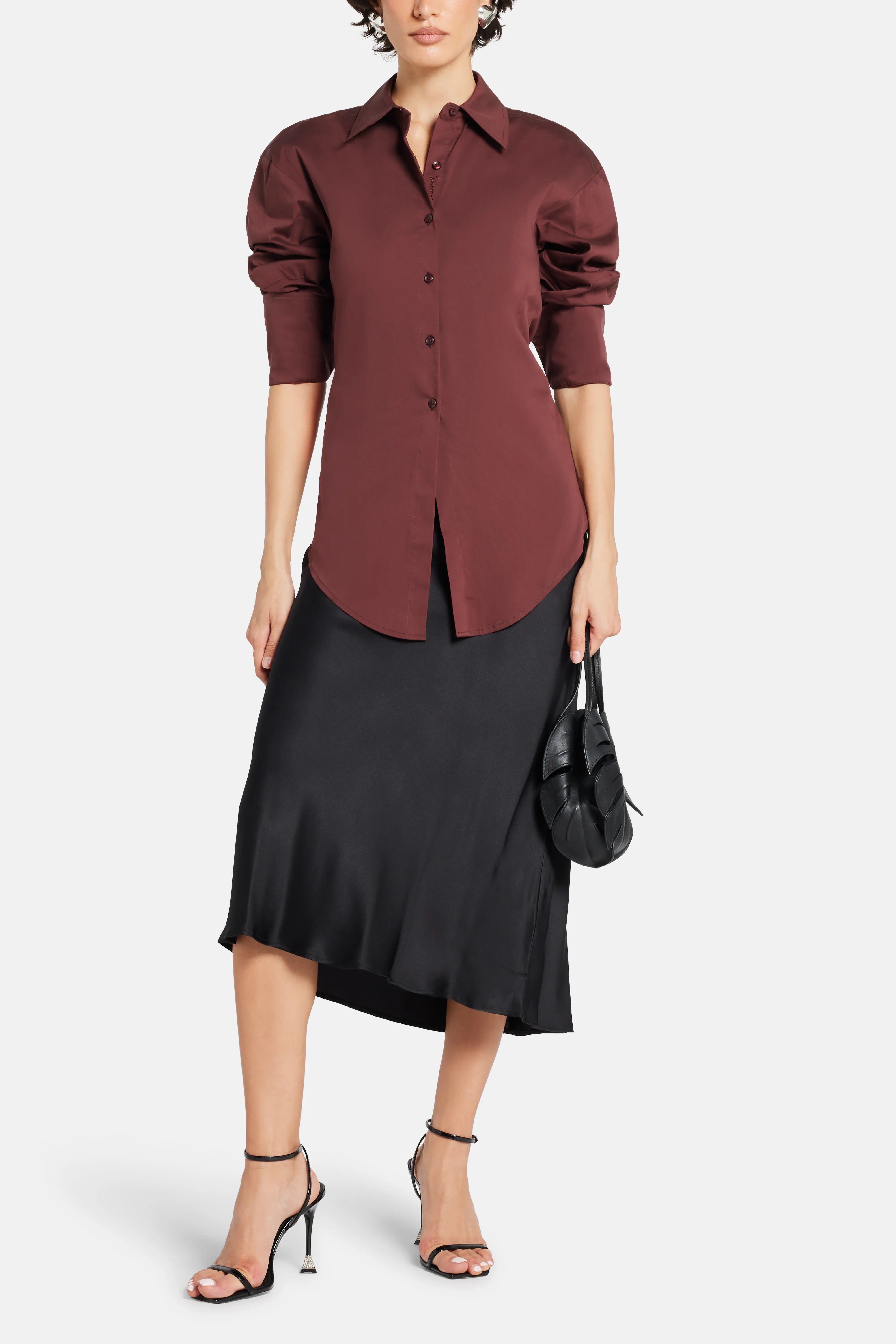 Loch Poplin Button Up Open Bow Back Cotton Top in Brown