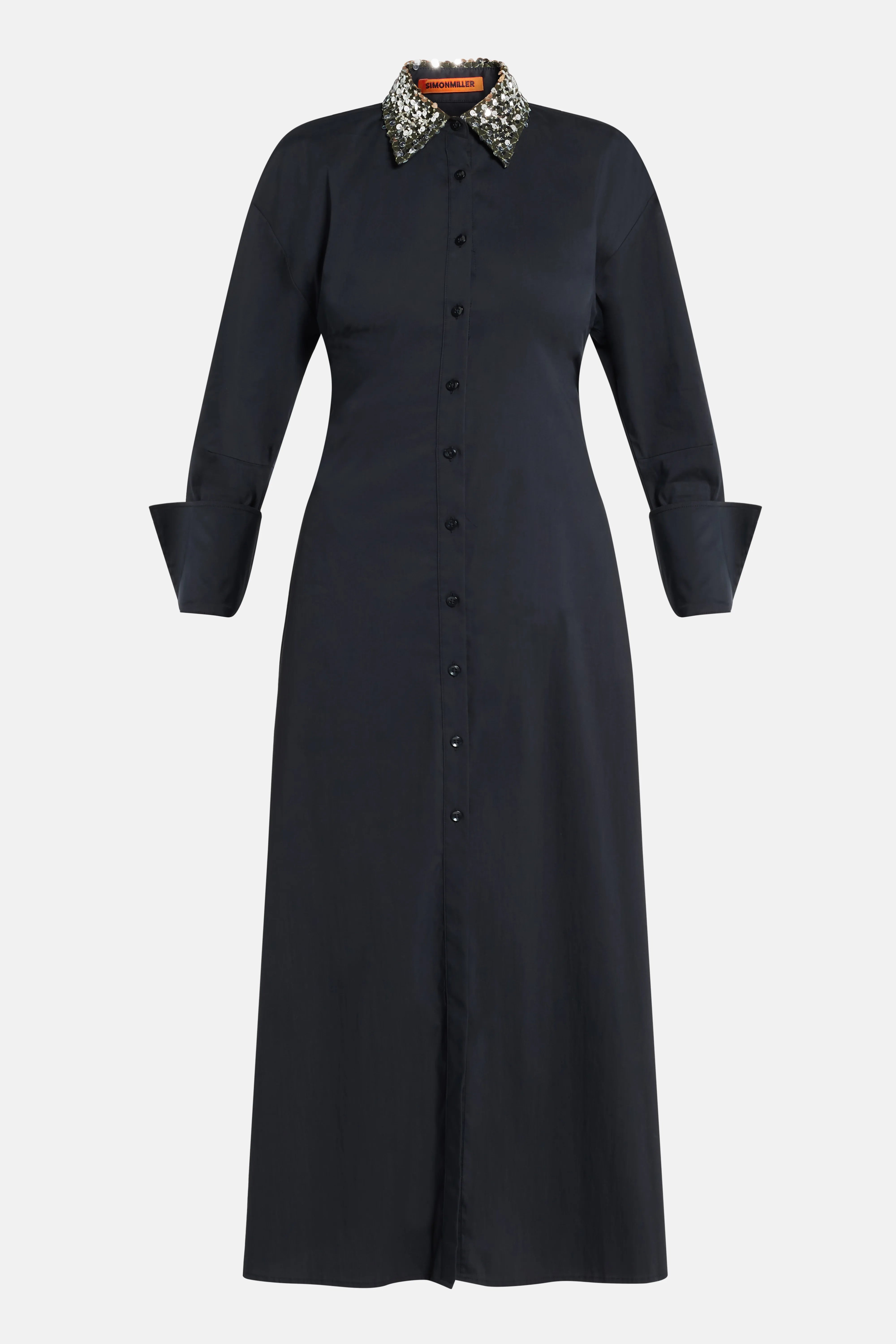 Loch Poplin Embellished Collar Cotton Maxi Dress in Black
