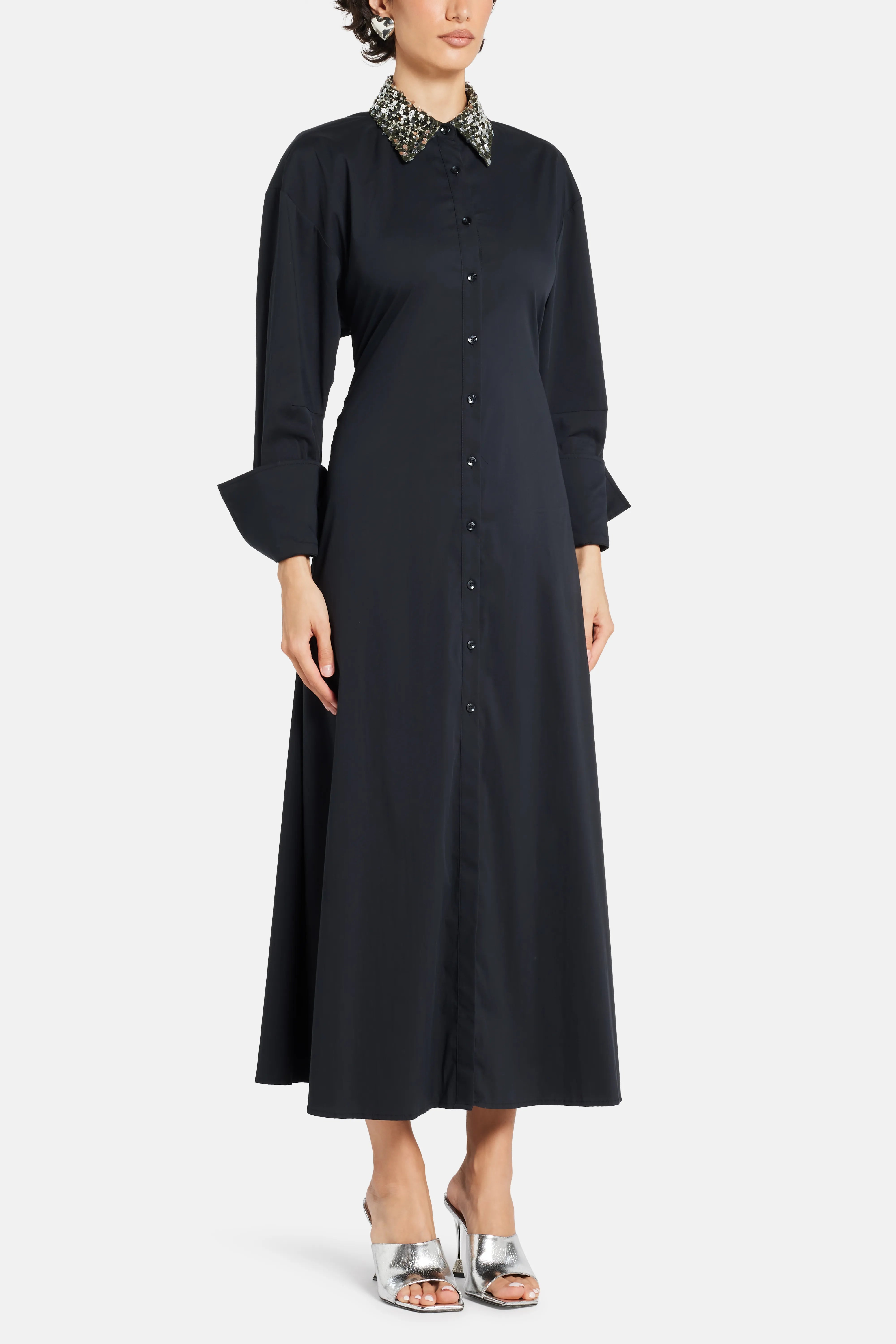 Loch Poplin Embellished Collar Cotton Maxi Dress in Black