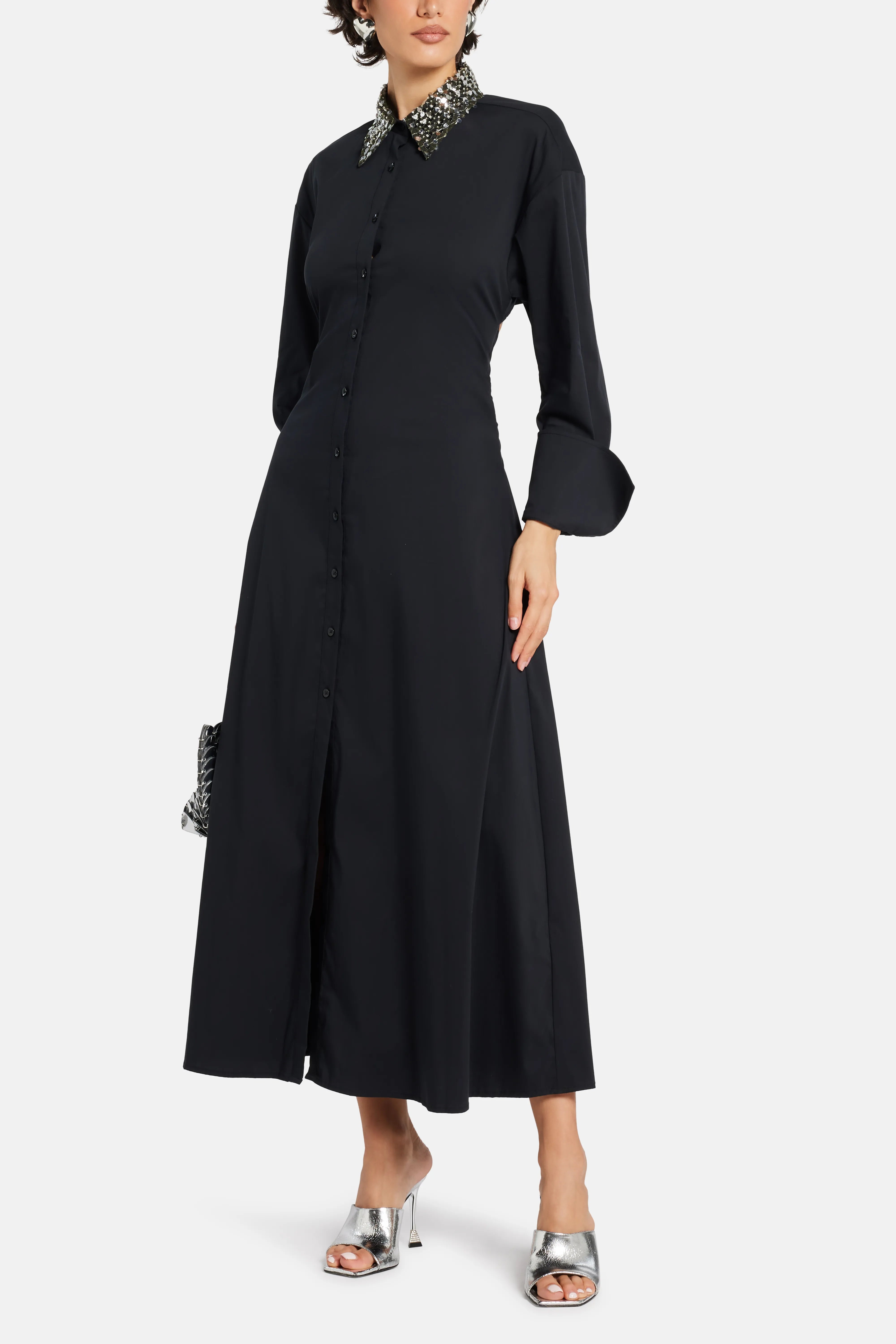 Loch Poplin Embellished Collar Cotton Maxi Dress in Black