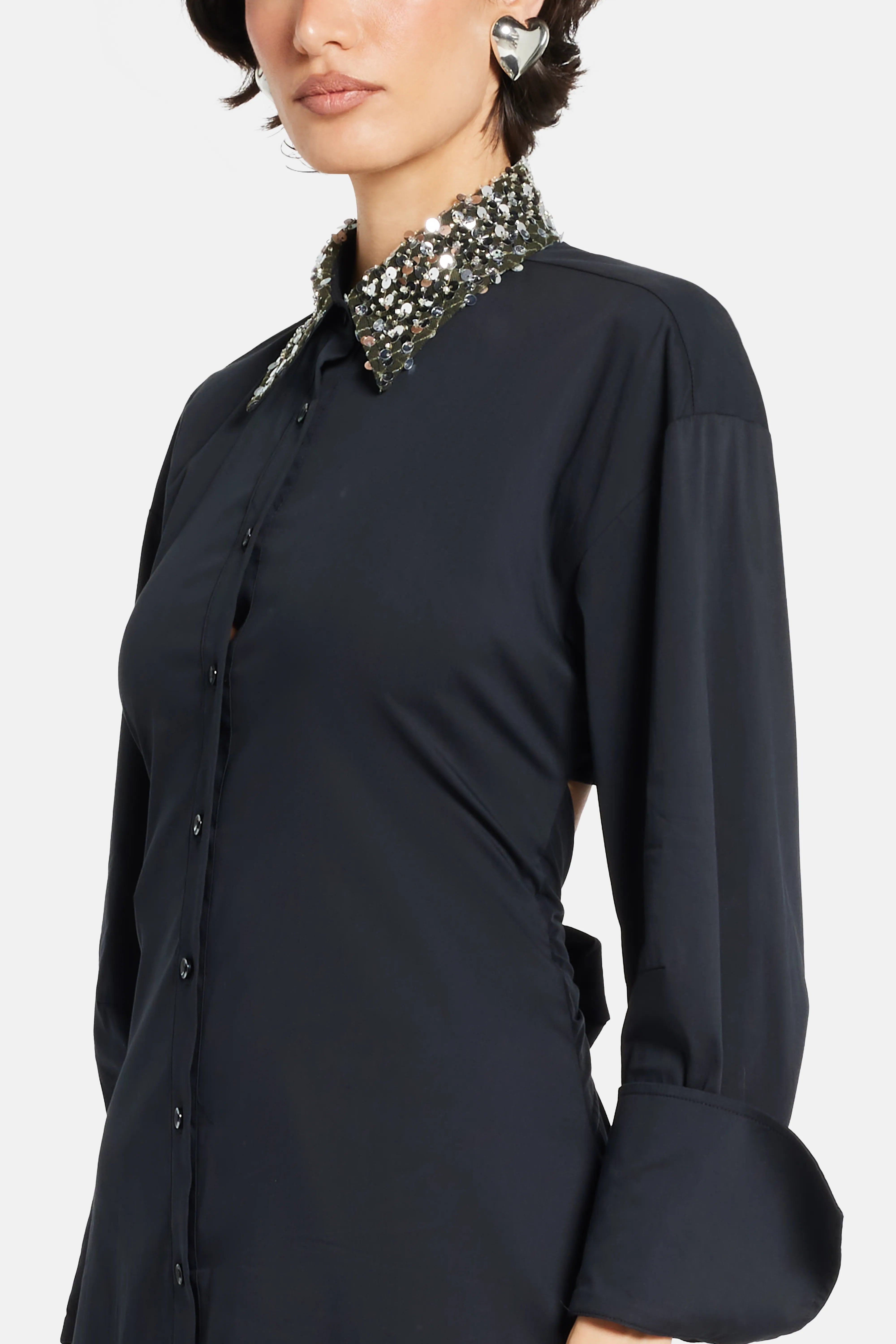 Loch Poplin Embellished Collar Cotton Maxi Dress in Black