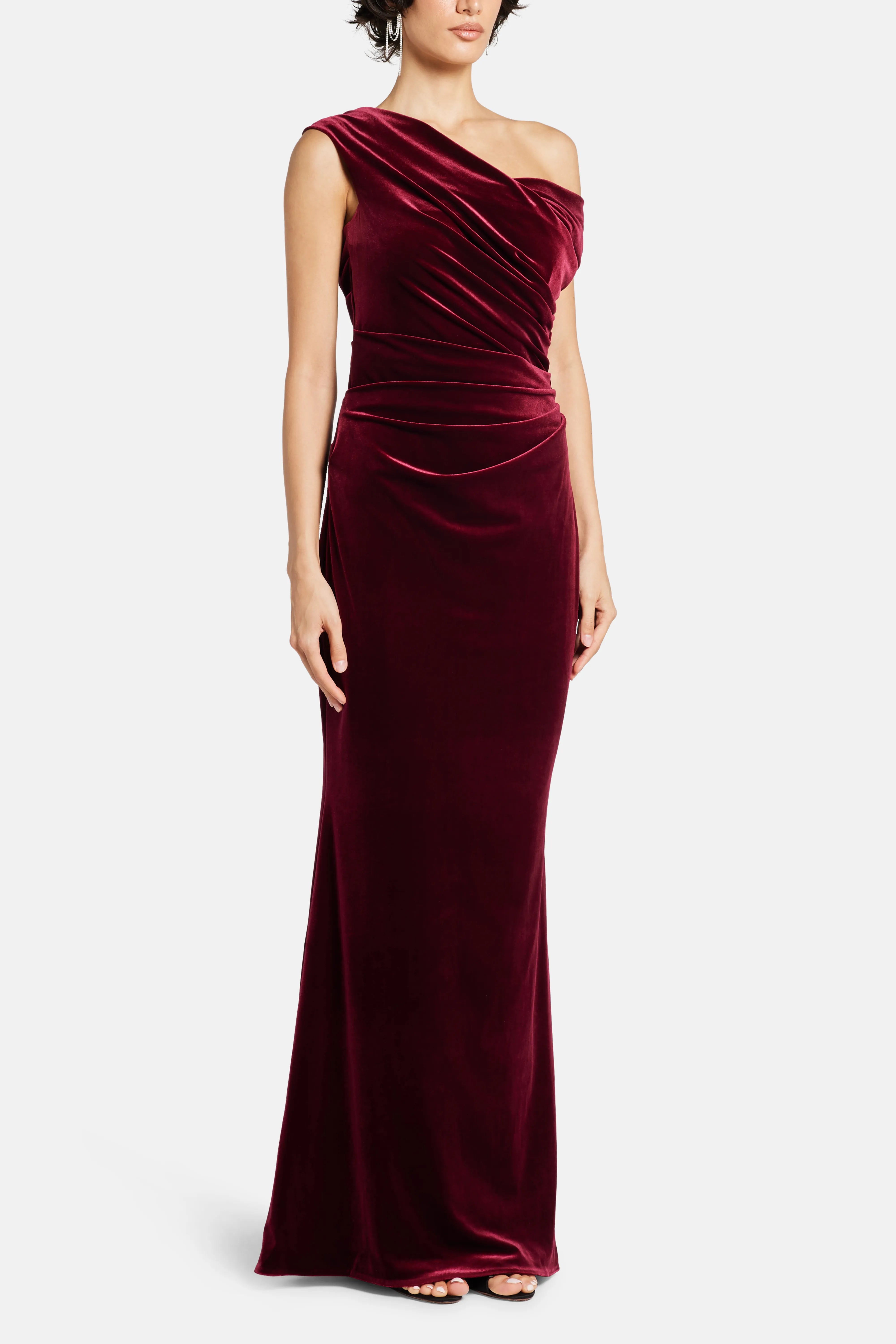 Stretch Velvet Sleeveless Evening Dress in Burgundy