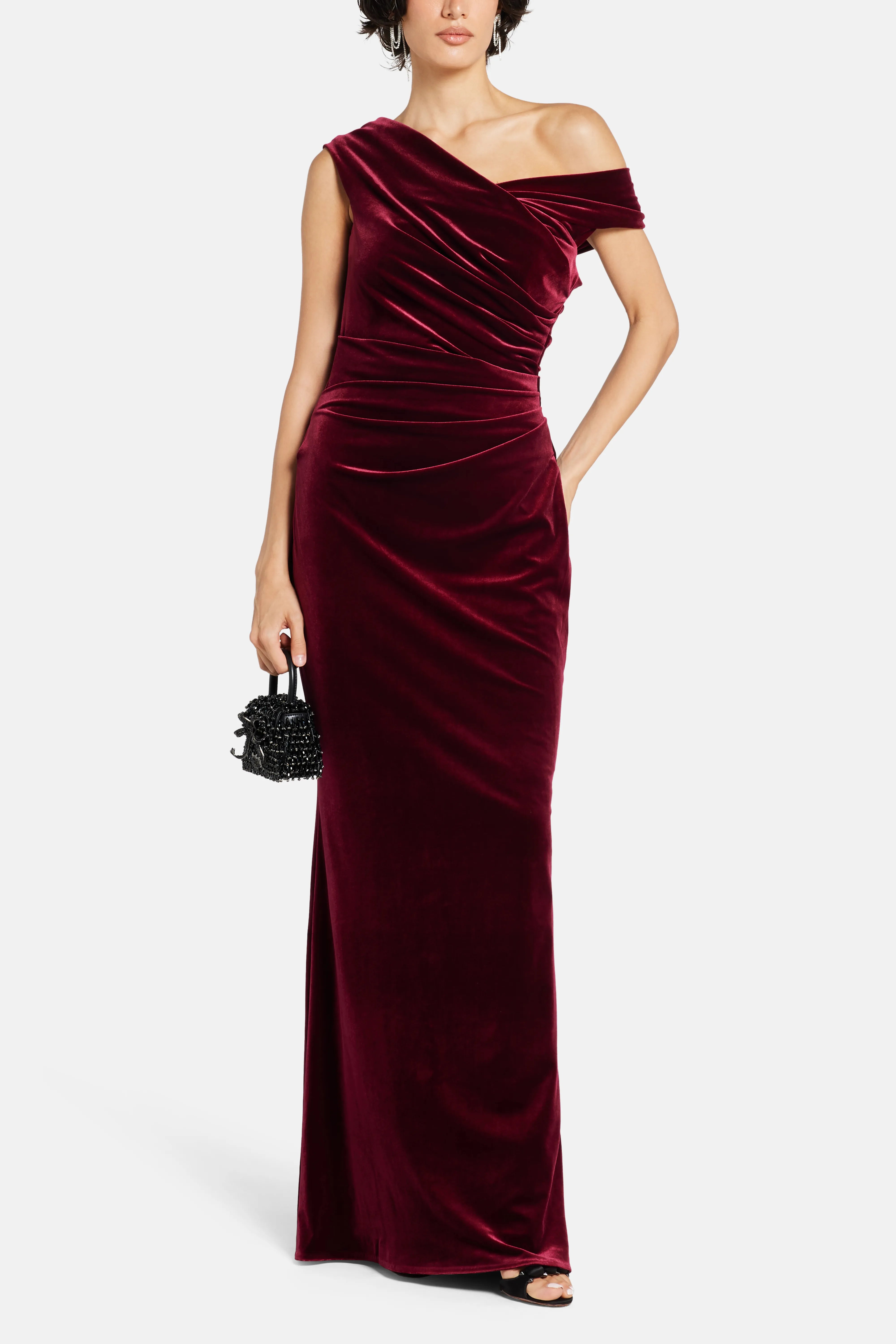 Stretch Velvet Sleeveless Evening Dress in Burgundy