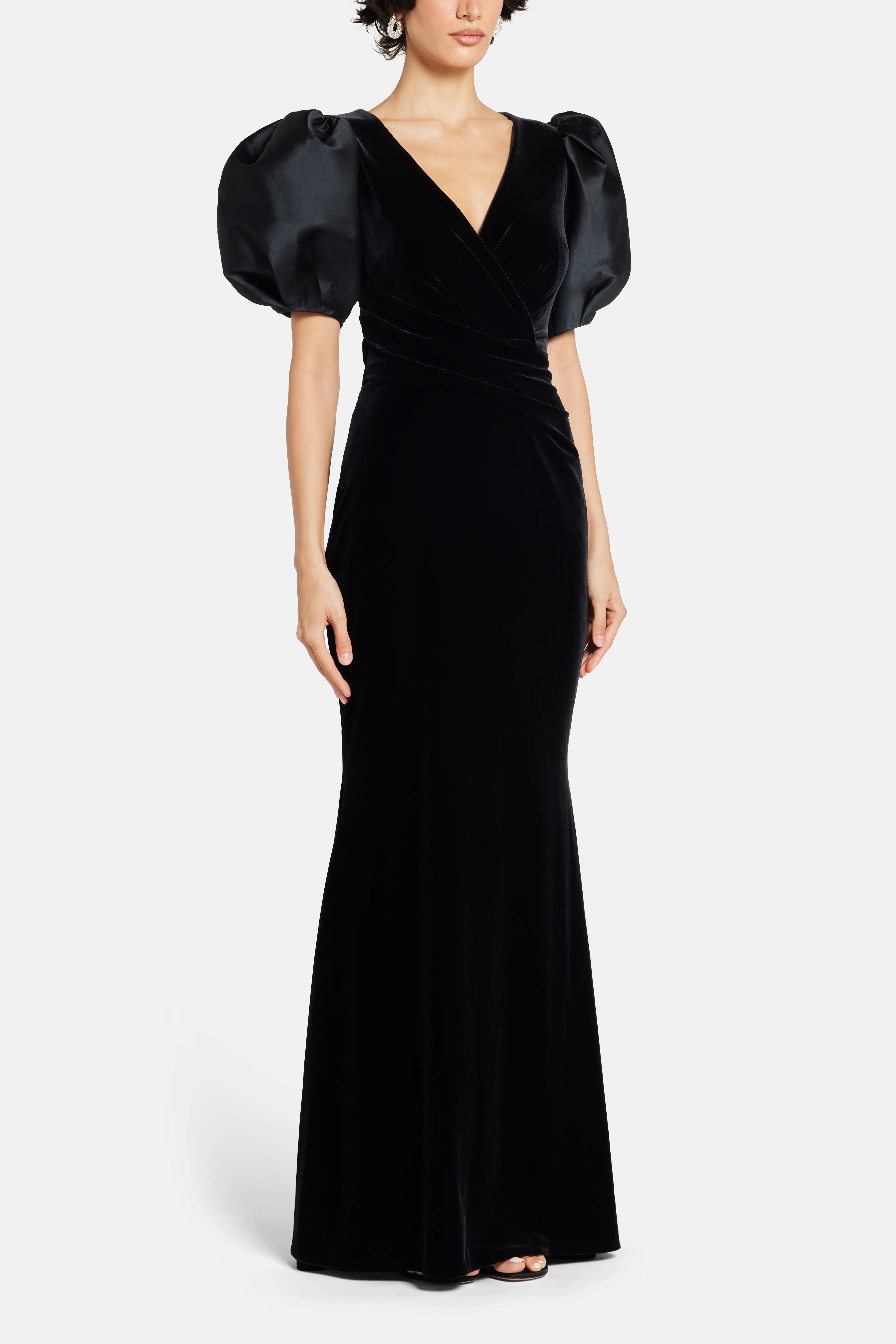 Stretch Velvet and Mikado Mix Evening Dress in Black