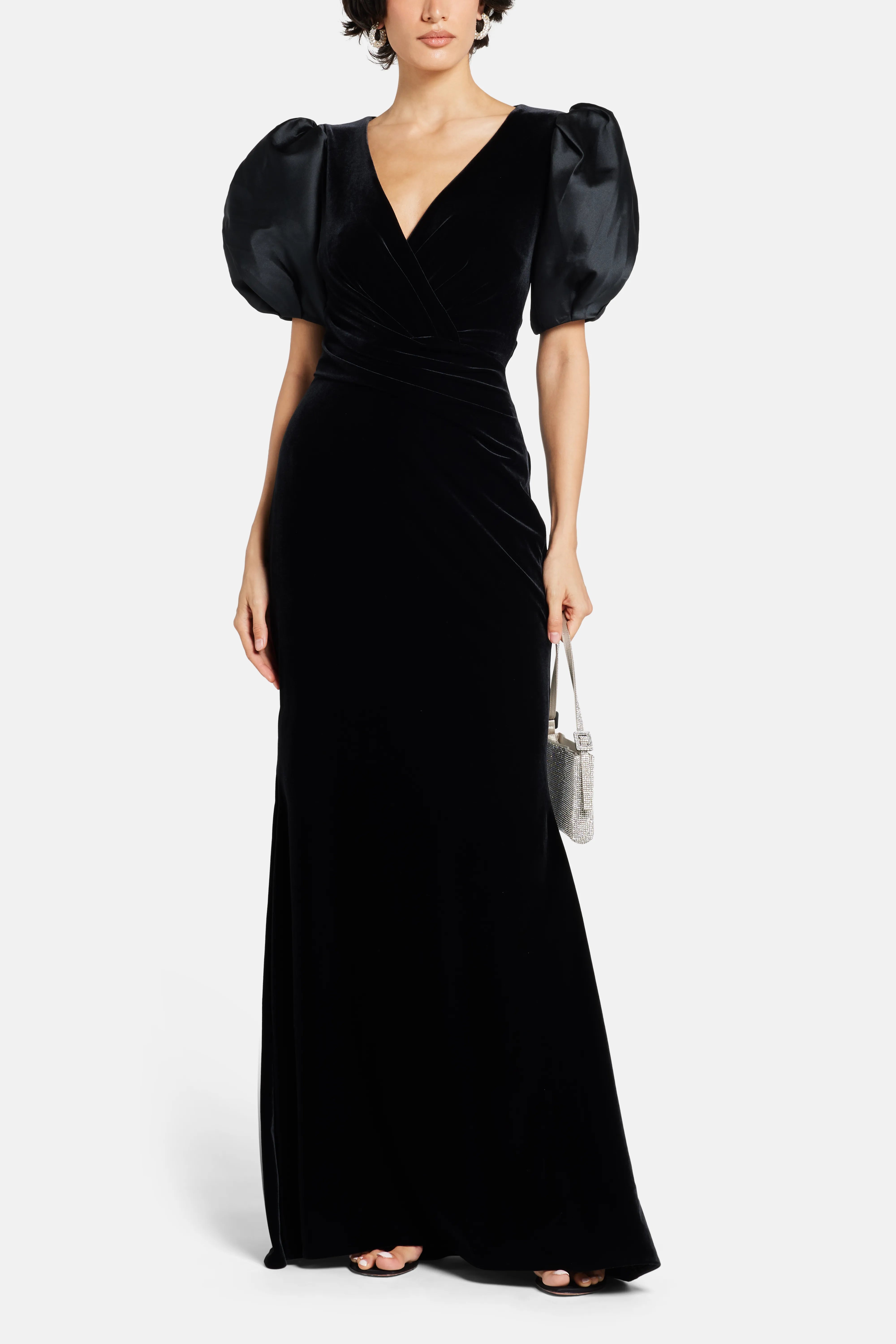 Stretch Velvet and Mikado Mix Evening Dress in Black