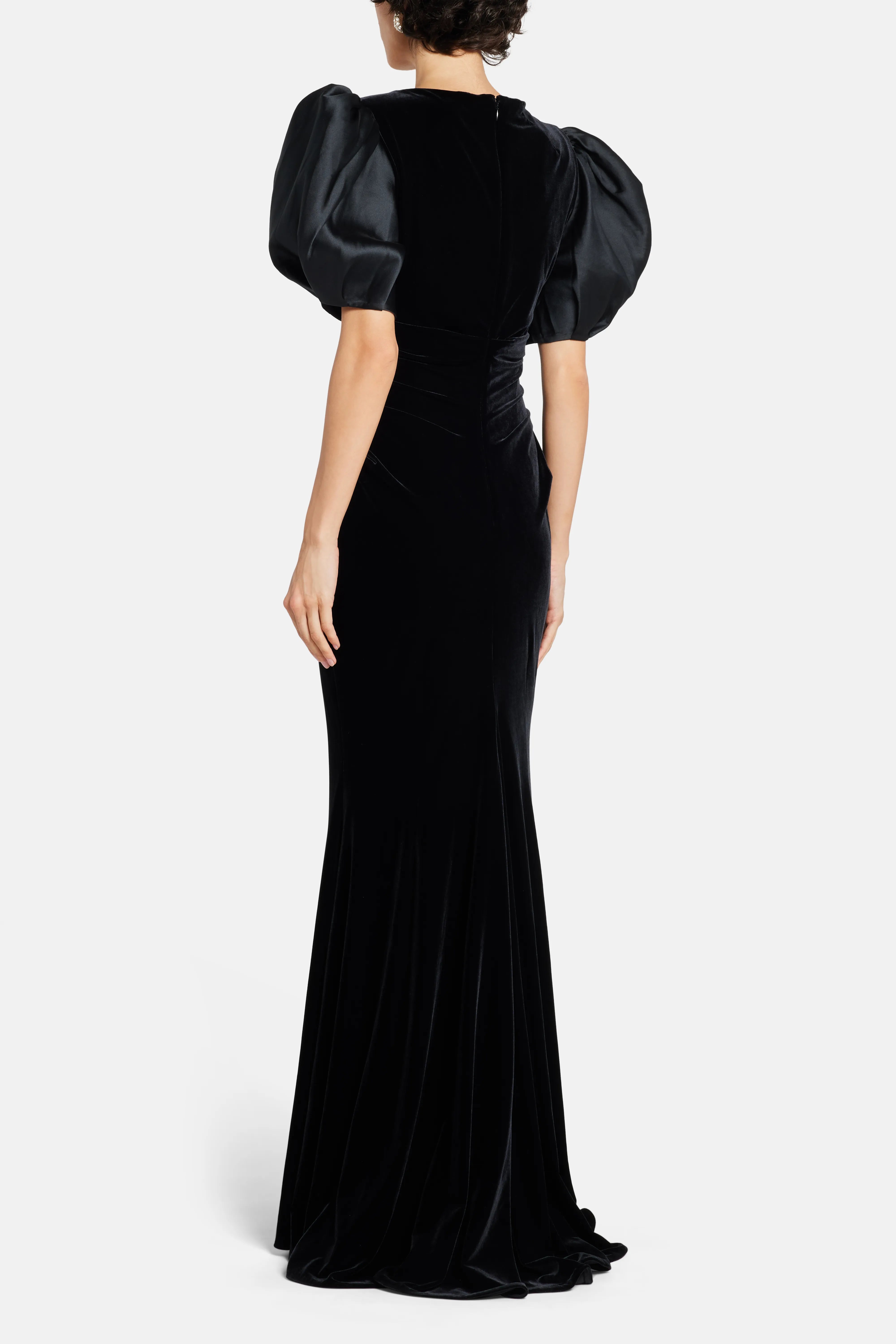 Stretch Velvet and Mikado Mix Evening Dress in Black