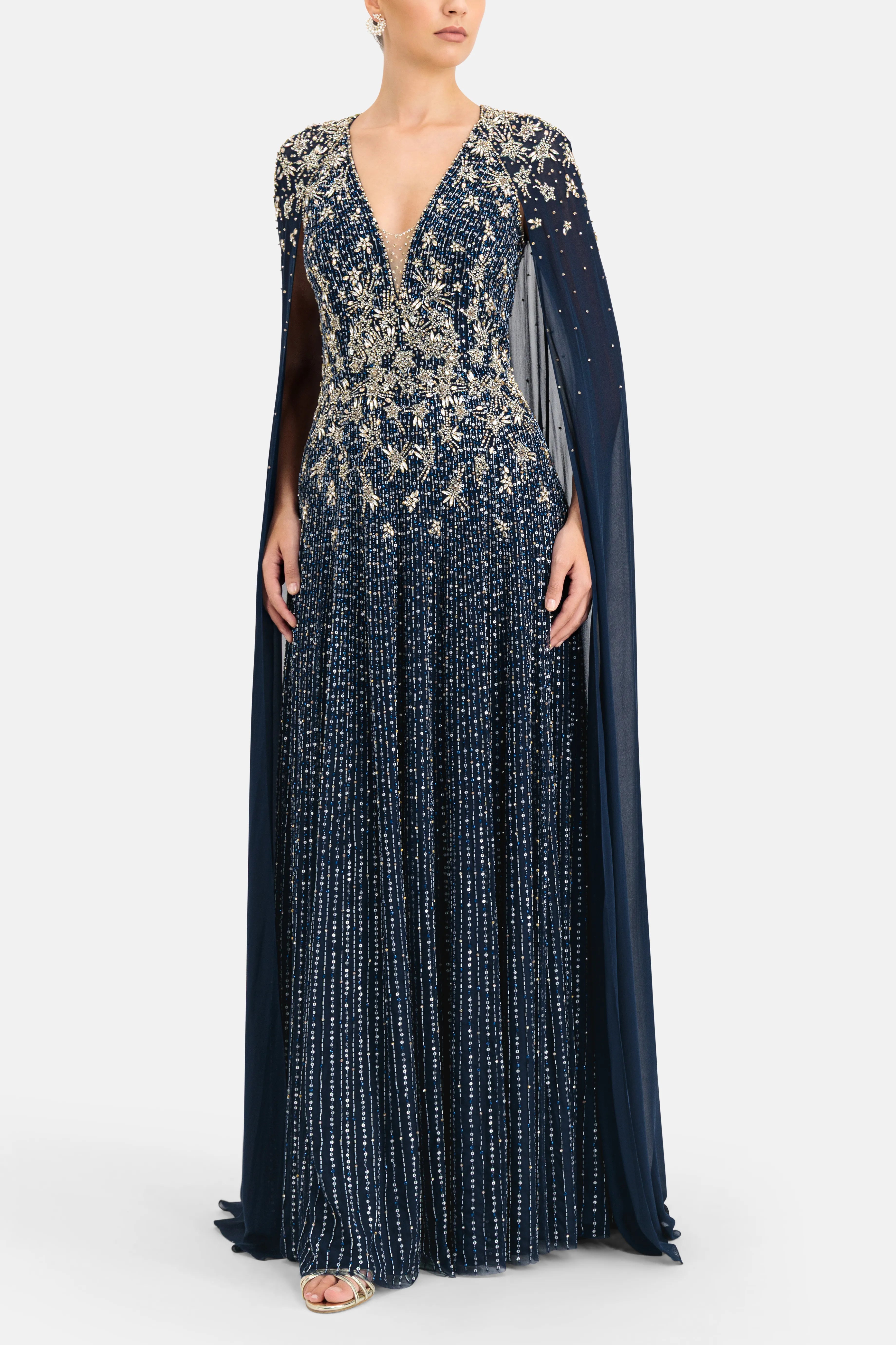 Celeste Sequins Cape Sleeves Evening Gown in Blue