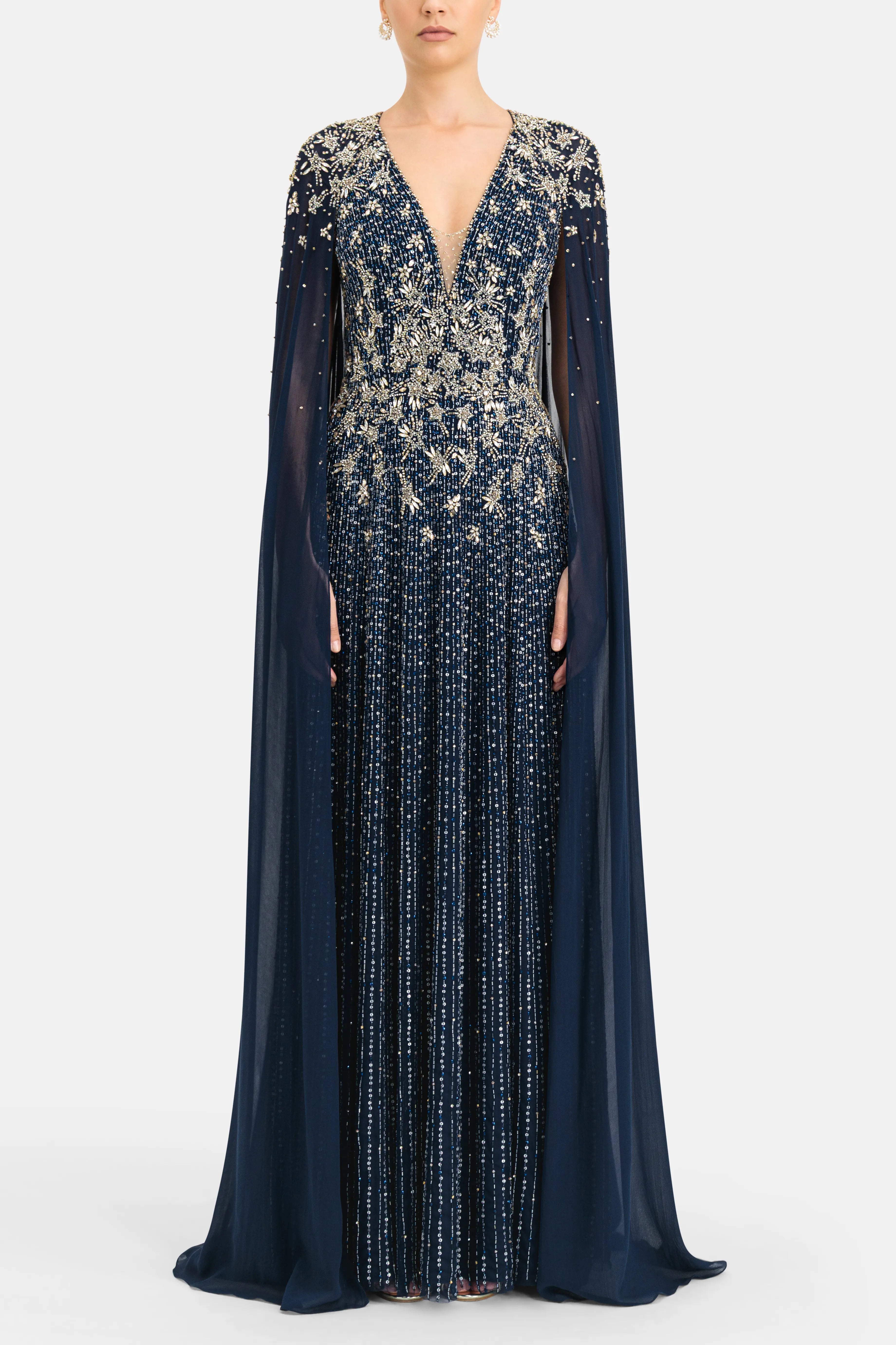 Celeste Sequins Cape Sleeves Evening Gown in Blue