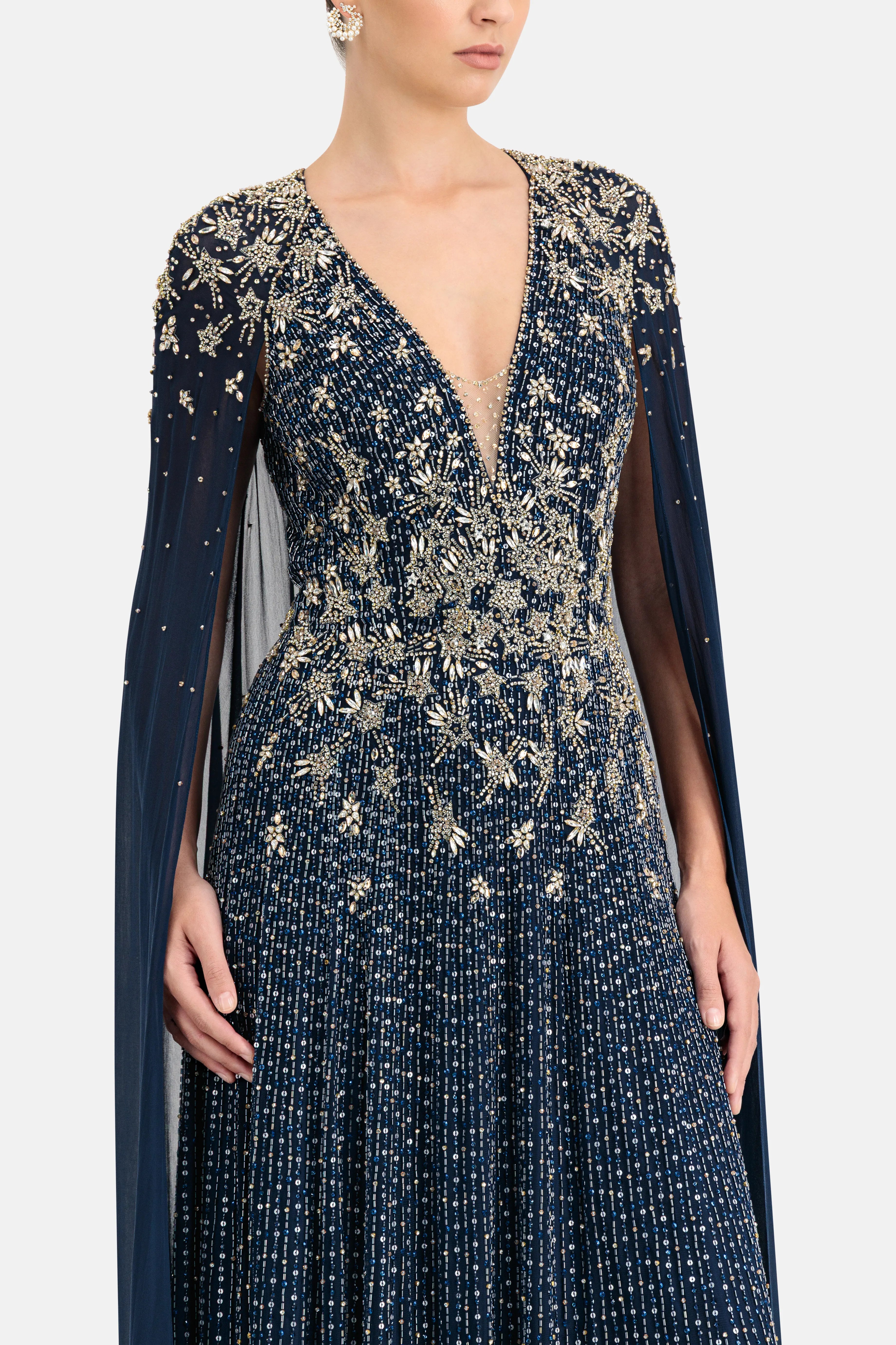 Celeste Sequins Cape Sleeves Evening Gown in Blue