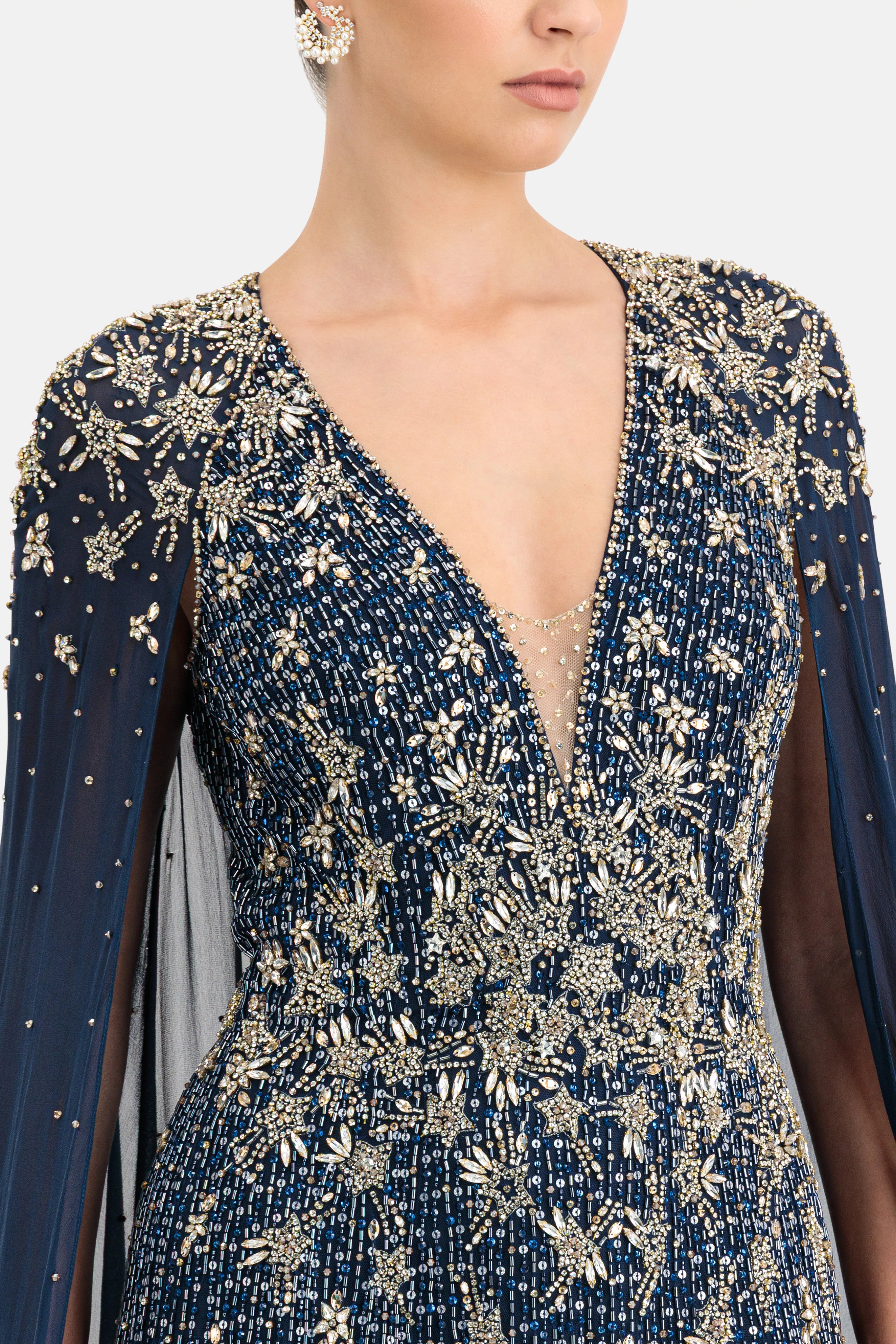 Celeste Sequins Cape Sleeves Evening Gown in Blue
