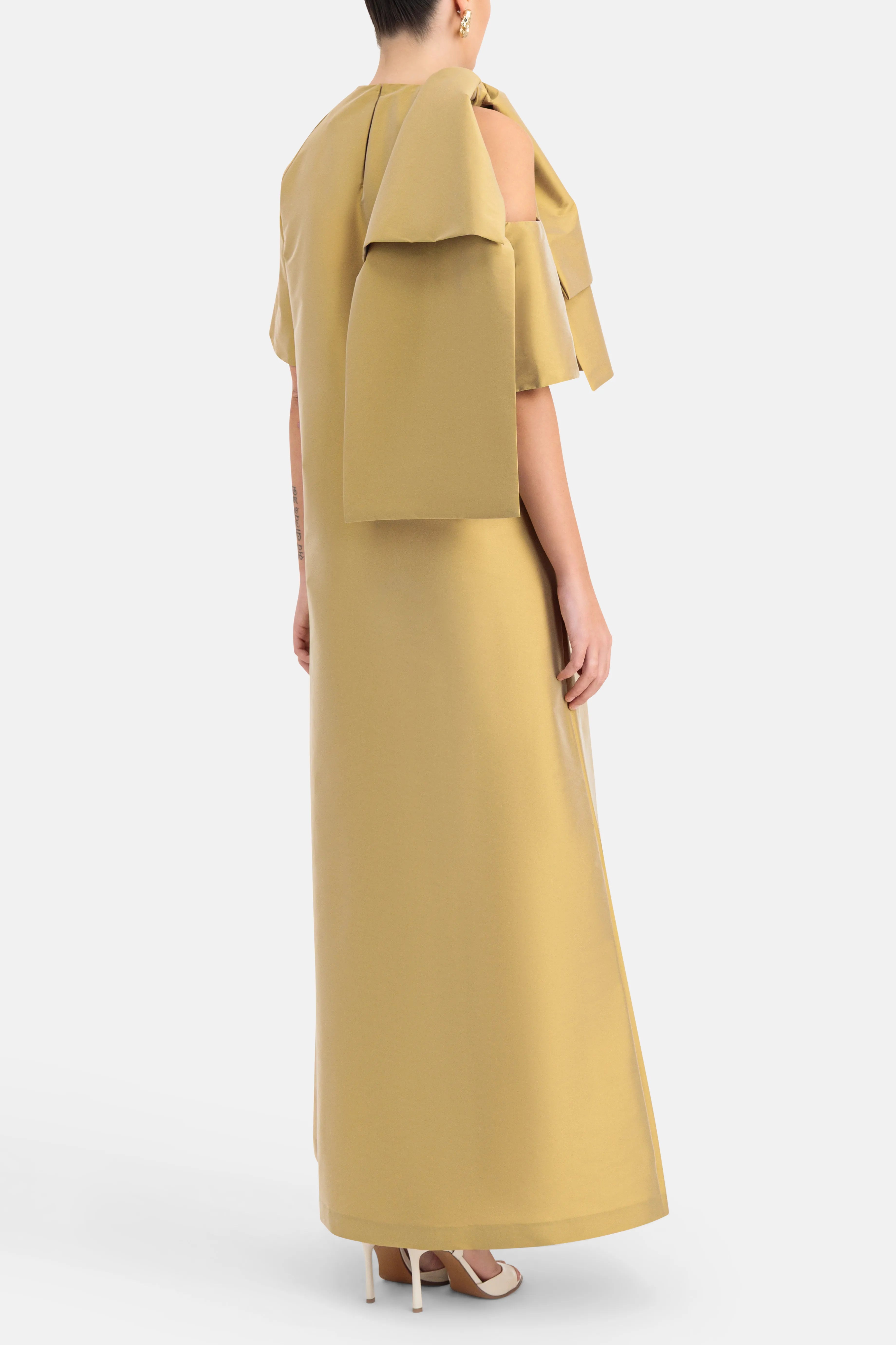 Winona Bow Applique Shoulder Cut Out Maxi Dress in Gold