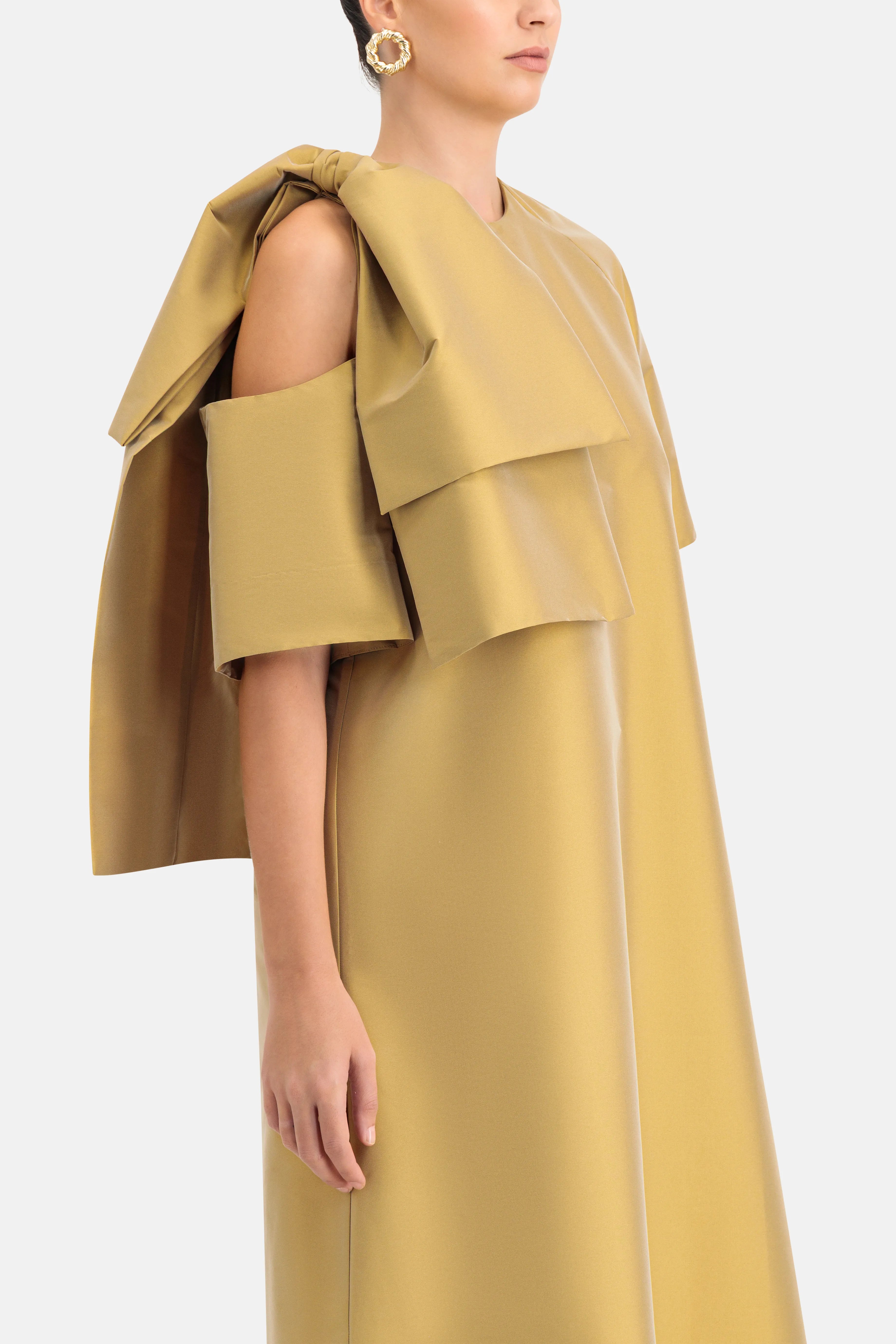 Winona Bow Applique Shoulder Cut Out Maxi Dress in Gold