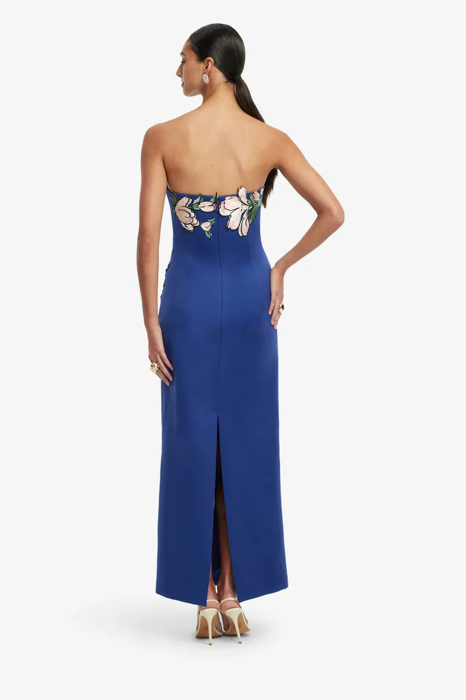 Ava Floral Applique Bustier Maxi Dress in Blue