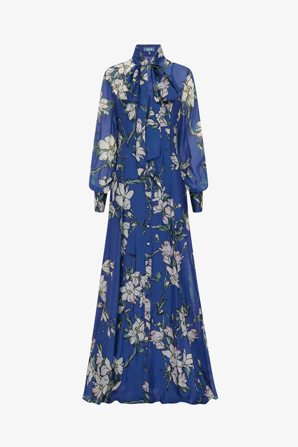 Lilith Floral Tie Neck Silk Maxi Dress in Blue