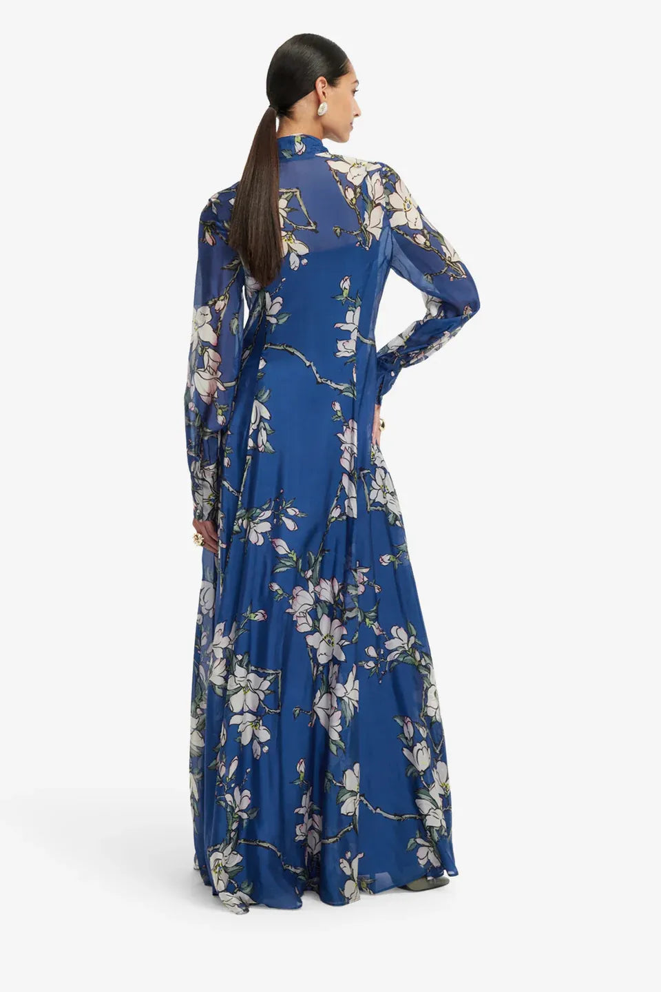 Lilith Floral Tie Neck Silk Maxi Dress in Blue
