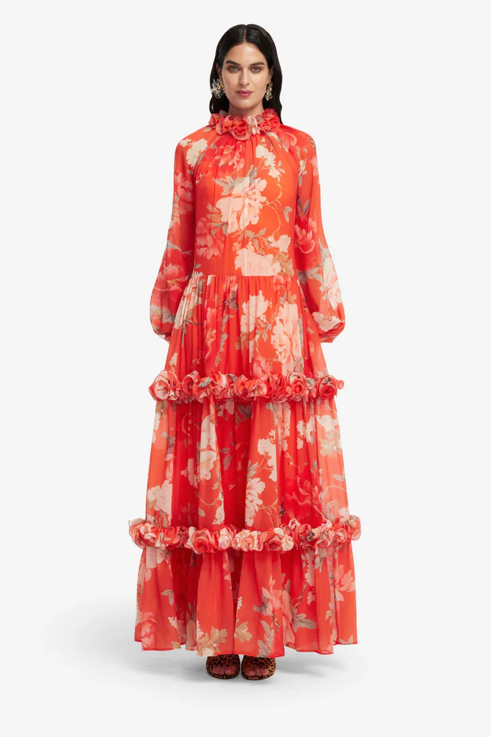 Angela Floral Ruffles Maxi Dress in Orange