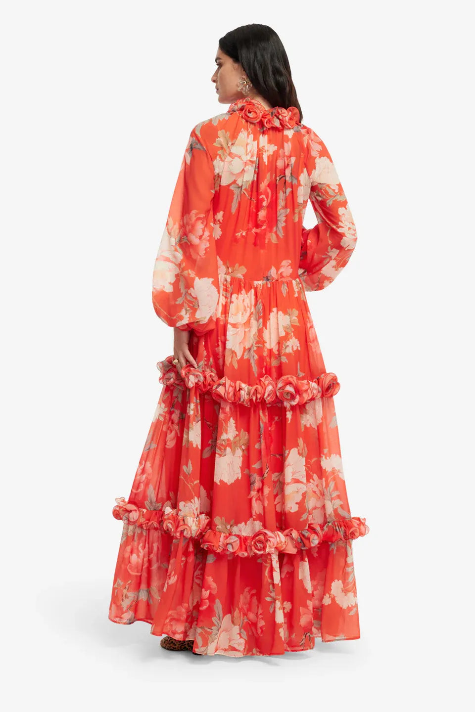 Angela Floral Ruffles Maxi Dress in Orange