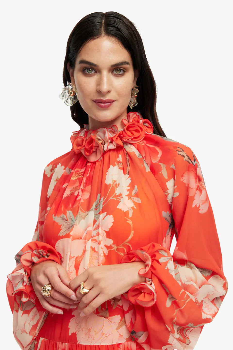 Angela Floral Ruffles Maxi Dress in Orange