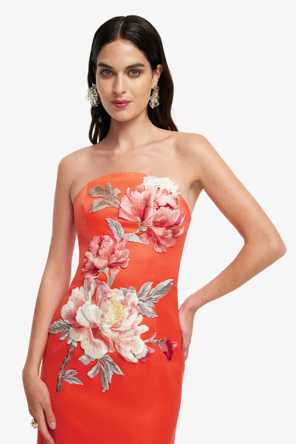 Ava Floral Applique Bustier Maxi Dress in Orange