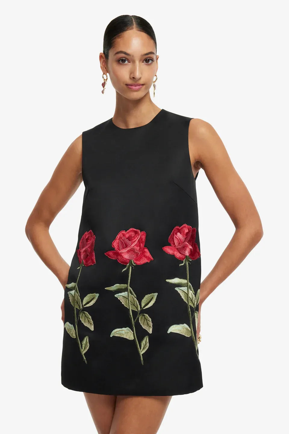Yvonne Sleeveless Embroidered Mini Dress in Black