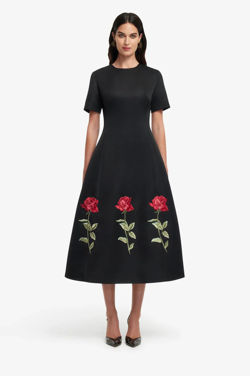Caroline Embellished Rose Midi Dress in Black