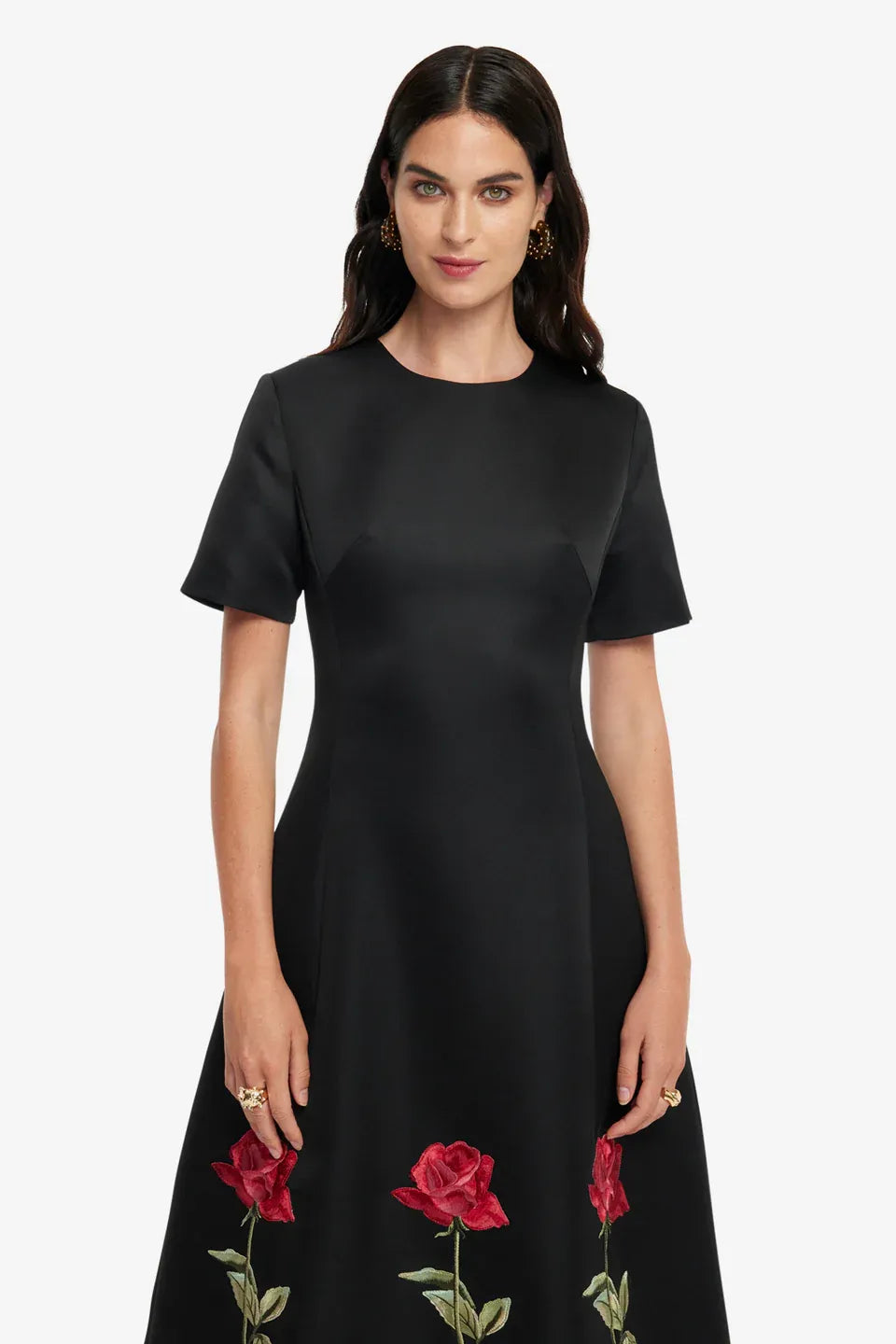 Caroline Embellished Rose Midi Dress in Black