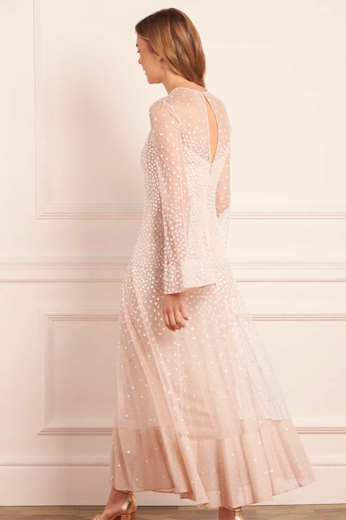 Sequin Cascade Evening Dress in Beige