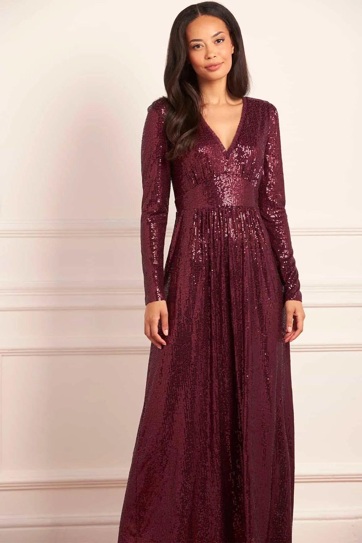 Chelsea V Neck Sequin Evening Dress in Maroon