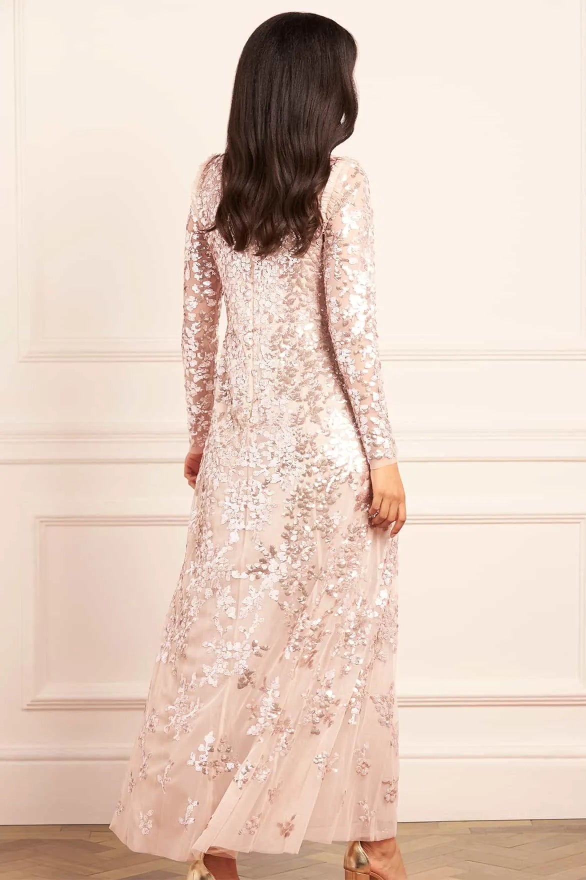 Rosanna Lattice Sequin Evening Dress in Beige