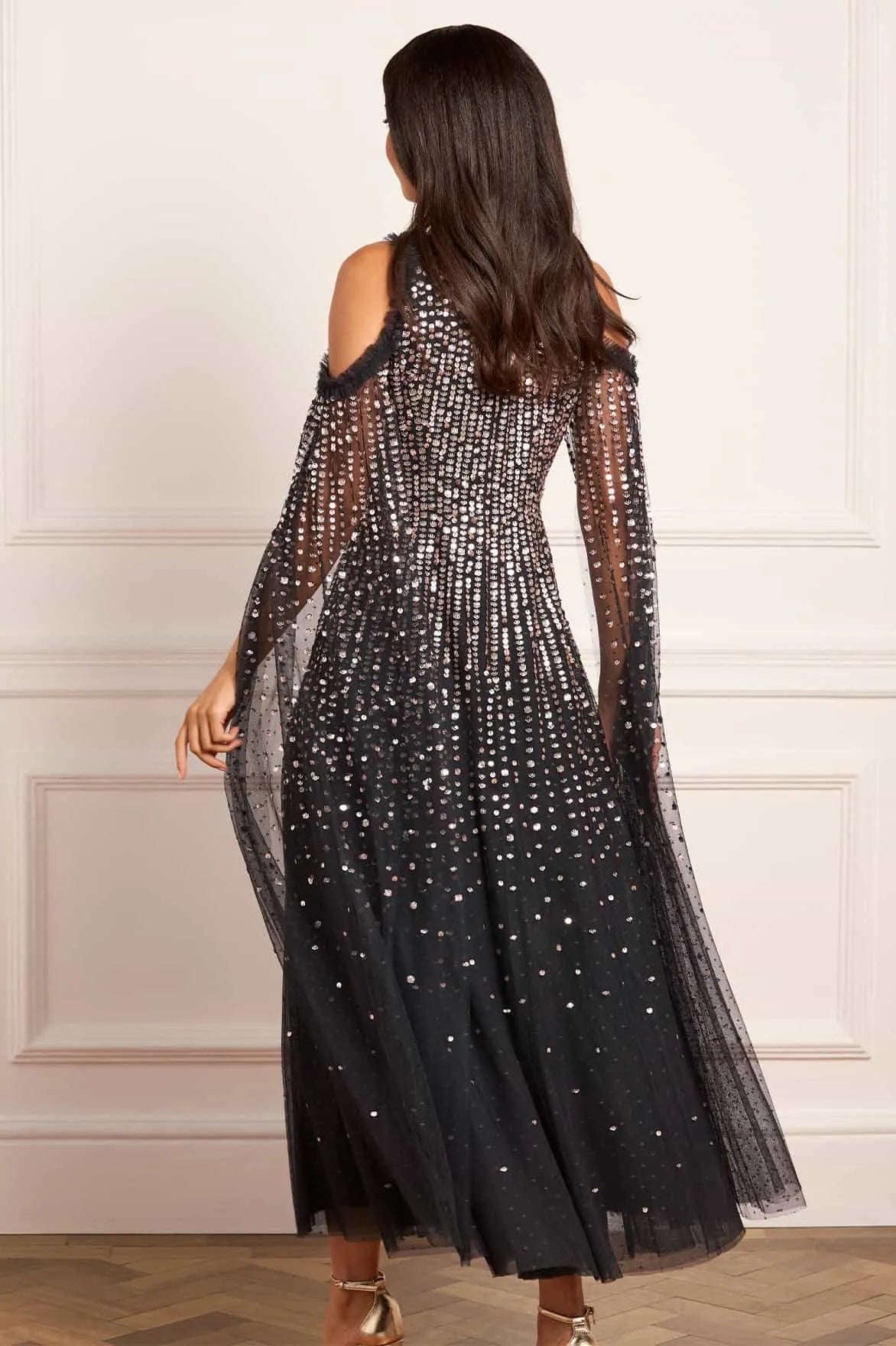 Moonlight Sequin Cape Sleeve Evening Dress in Black