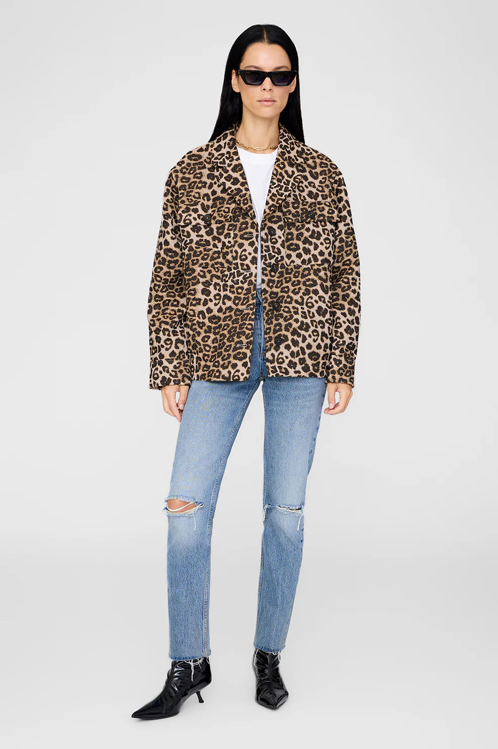 Flynn Leopard Print Cotton Jacket in Black