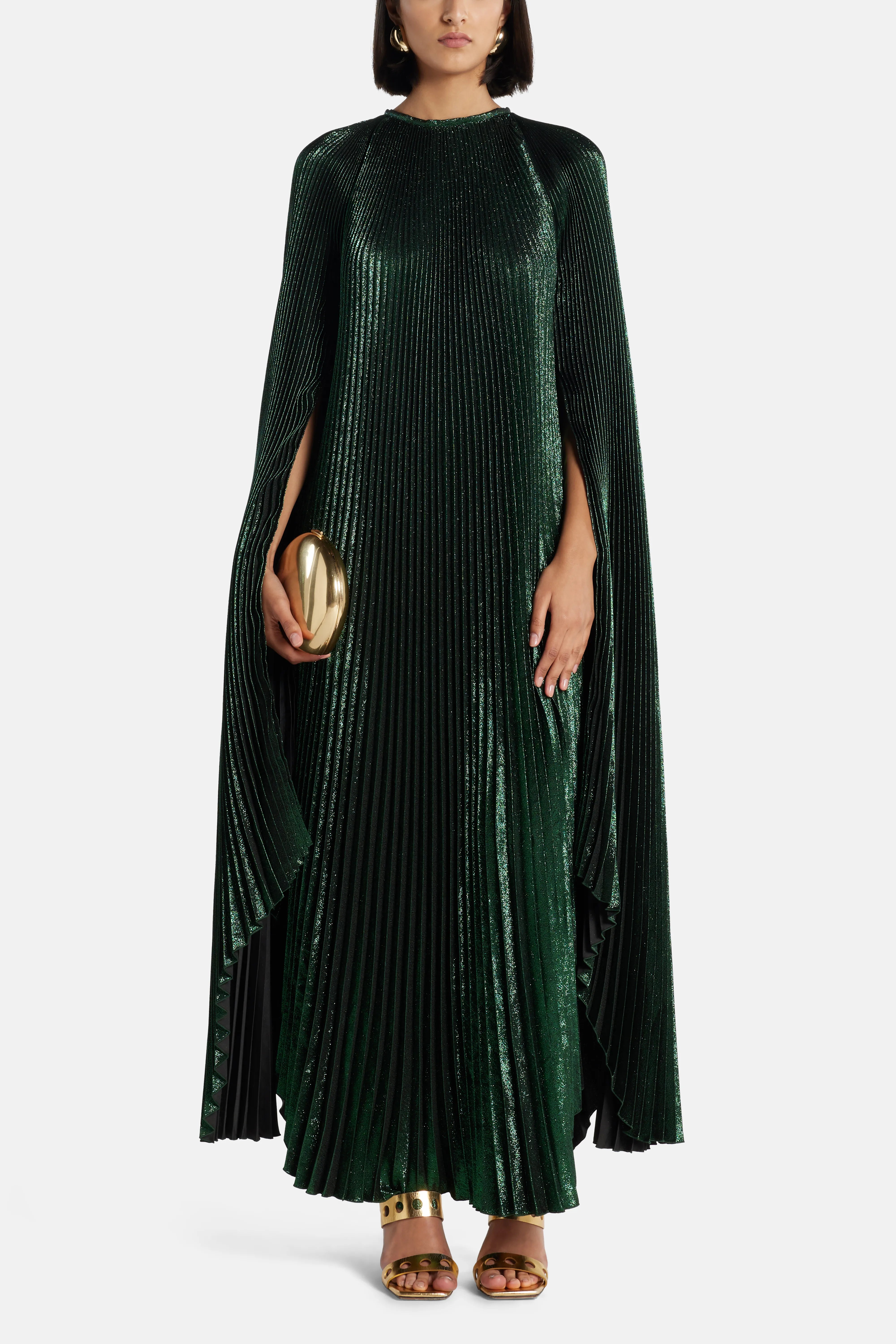 Palais Shimmer Pleated Cape Sleeves Evening Dress in Green