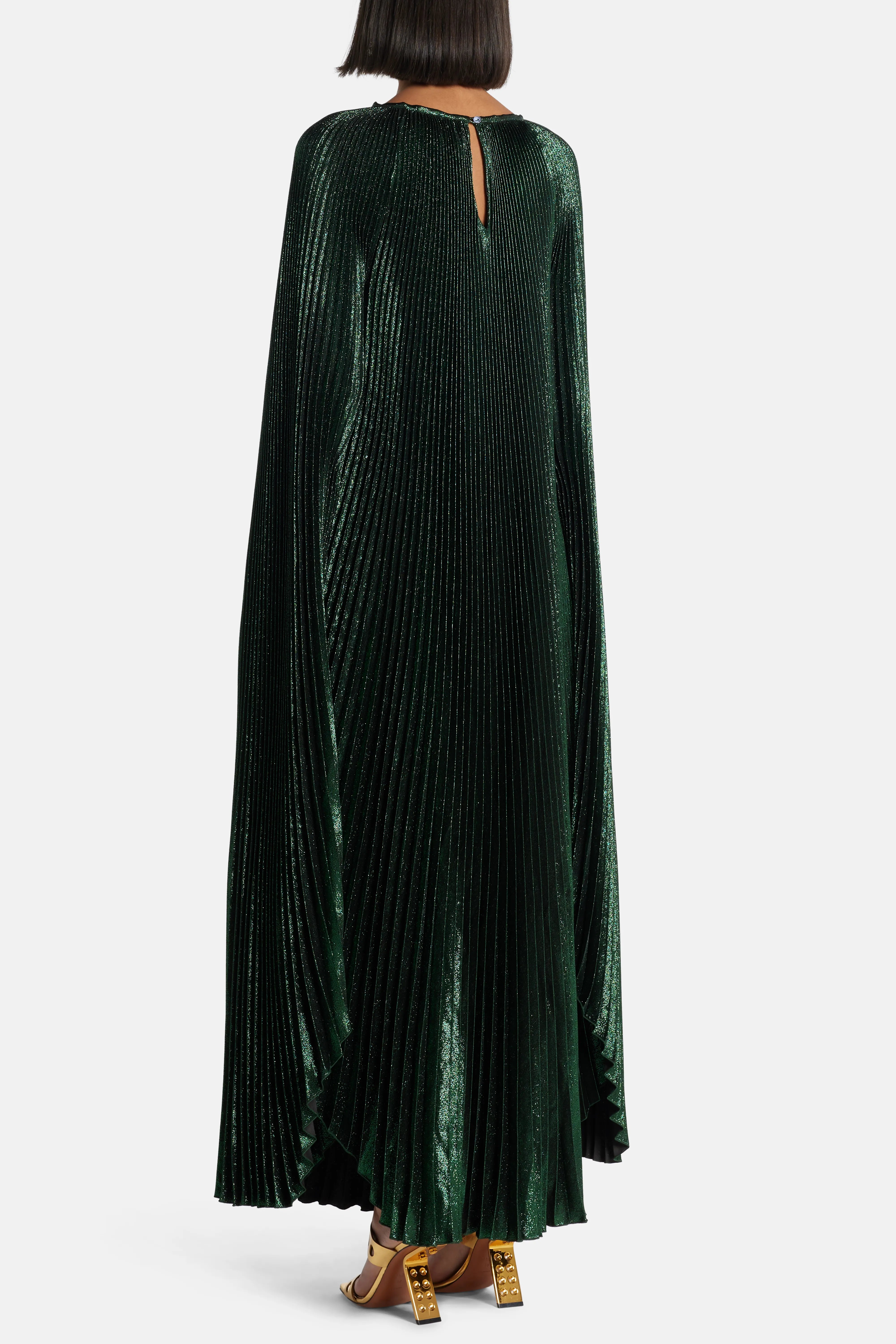 Palais Shimmer Pleated Cape Sleeves Evening Dress in Green