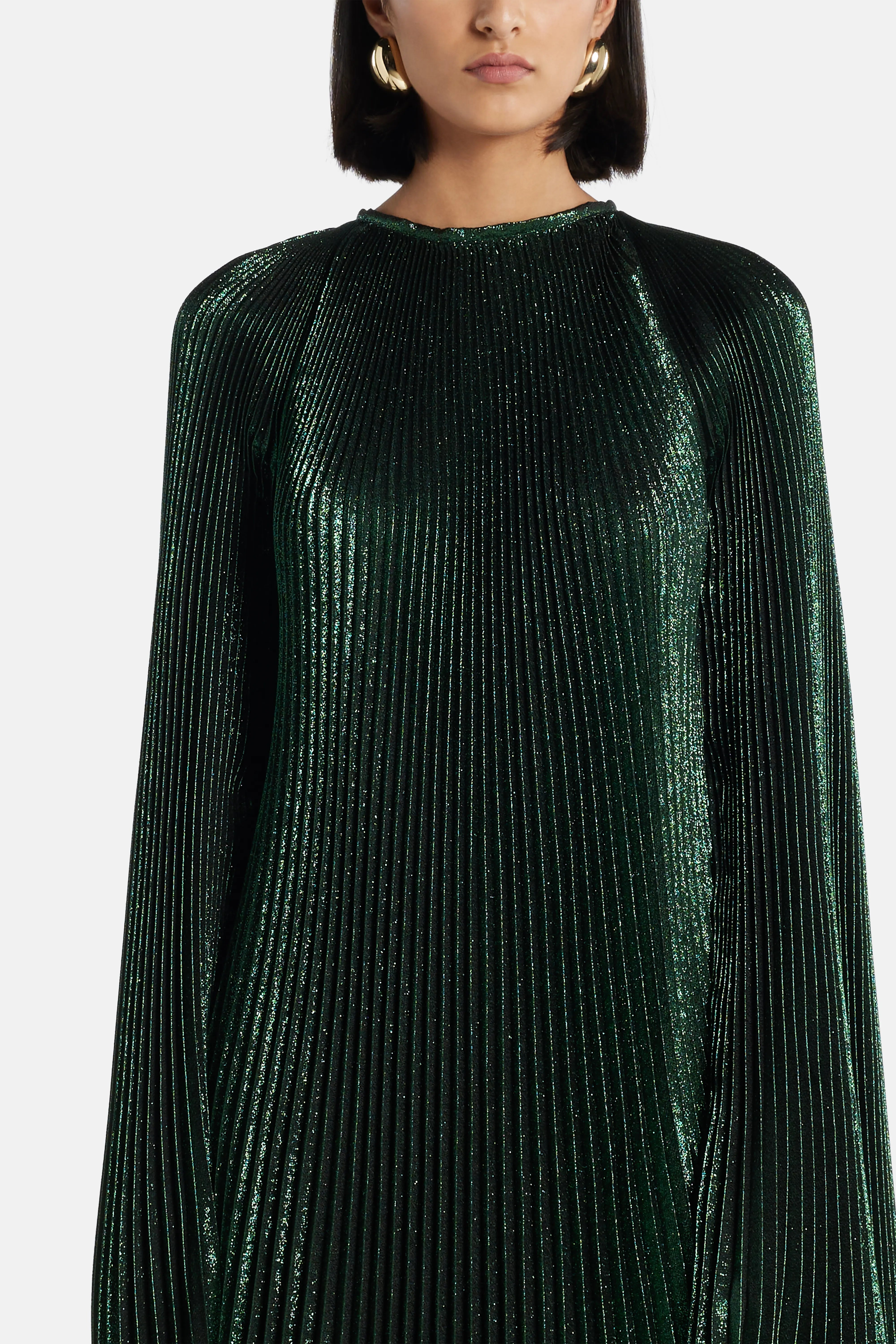 Palais Shimmer Pleated Cape Sleeves Evening Dress in Green