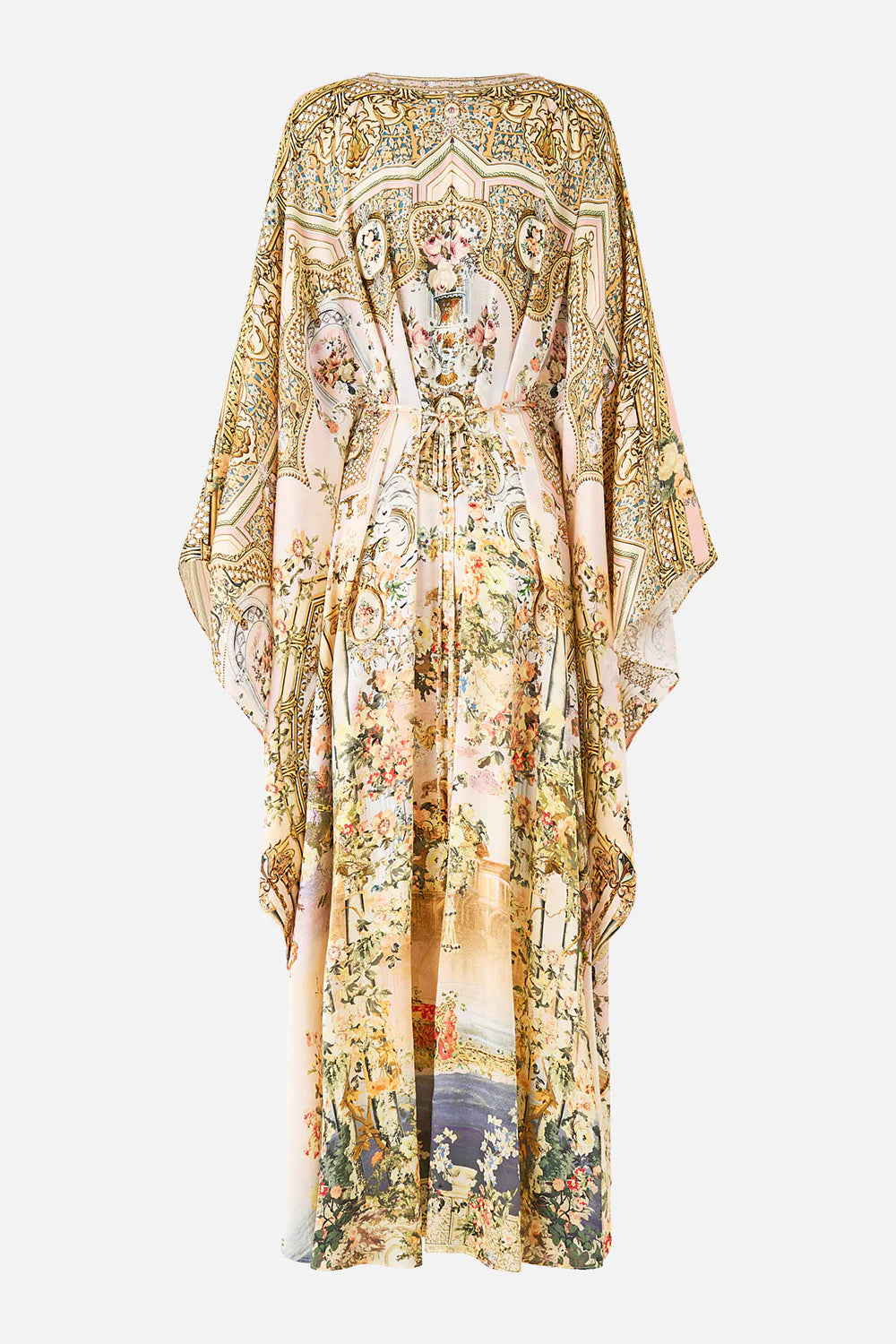 Twilight in Istanbul Floral Silk Long Kaftan With Waist Detail in Beige