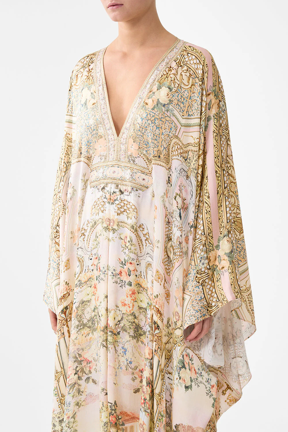 Twilight in Istanbul Floral Silk Long Kaftan With Waist Detail in Beige