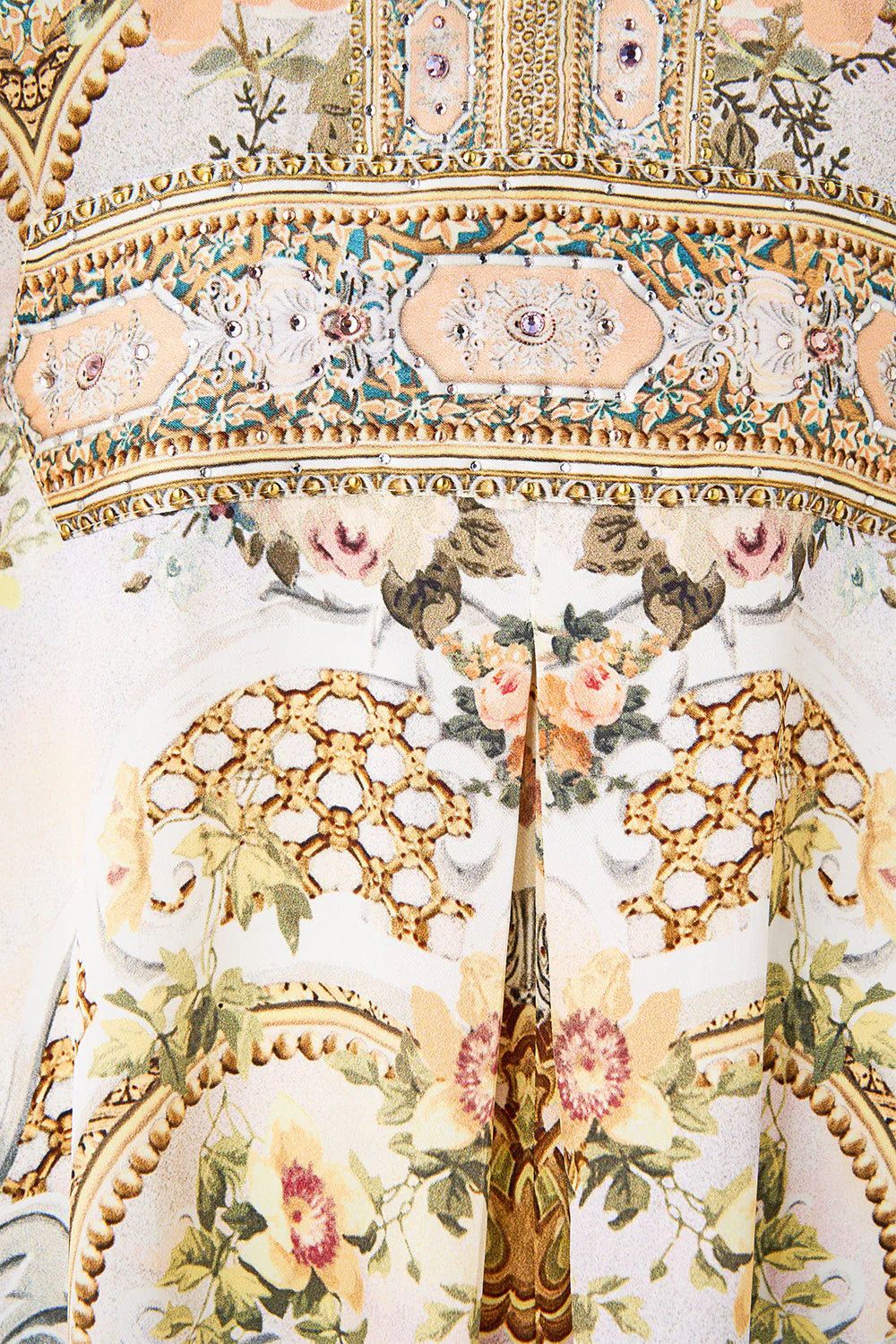 Twilight in Istanbul Floral Silk Long Kaftan With Waist Detail in Beige