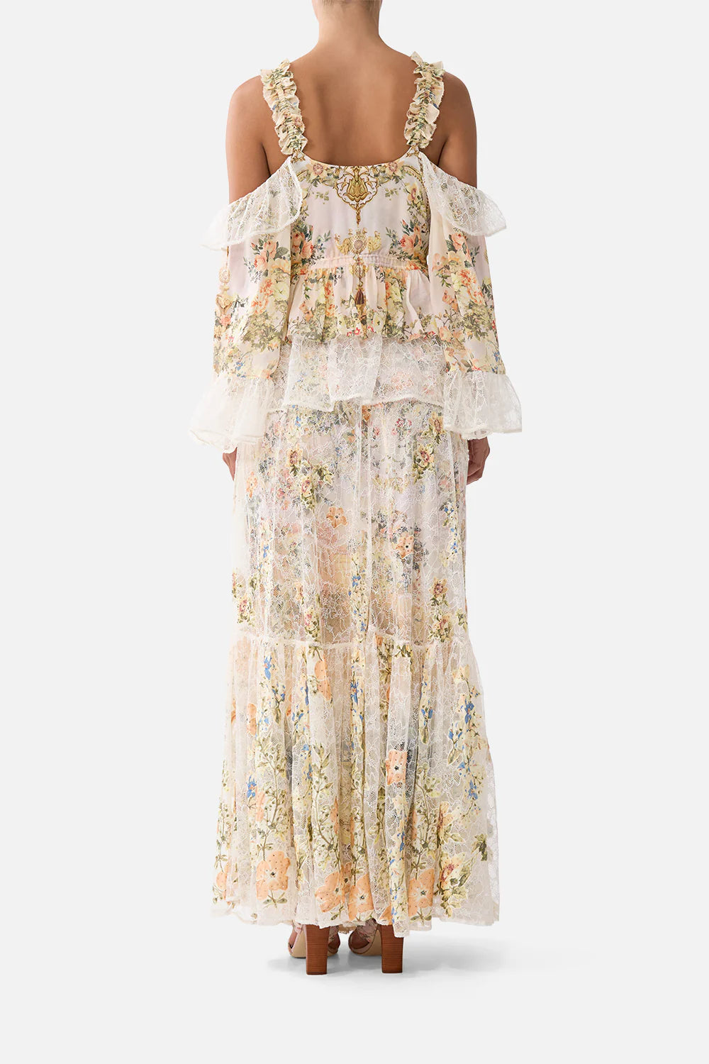 Twilight in Istanbul Waistband Ruffle Hem Floral Maxi Skirt in Beige