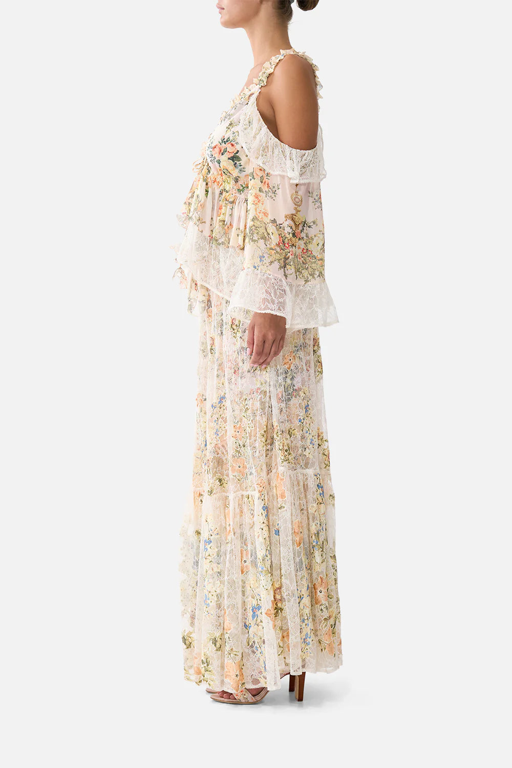 Twilight in Istanbul Waistband Ruffle Hem Floral Maxi Skirt in Beige