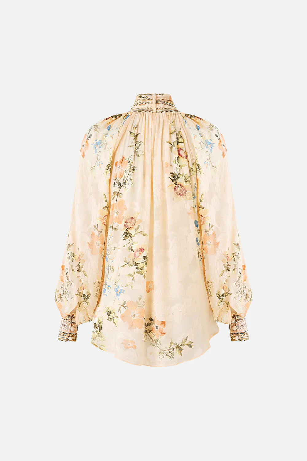 Twilight in Istanbul Detachable Pussy Bow Raglan Floral Silk Blouse in Beige