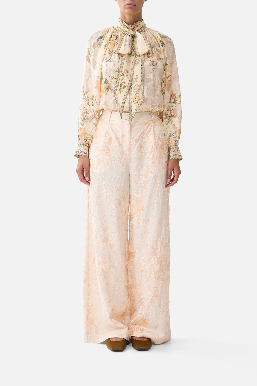Twilight in Istanbul Detachable Pussy Bow Raglan Floral Silk Blouse in Beige