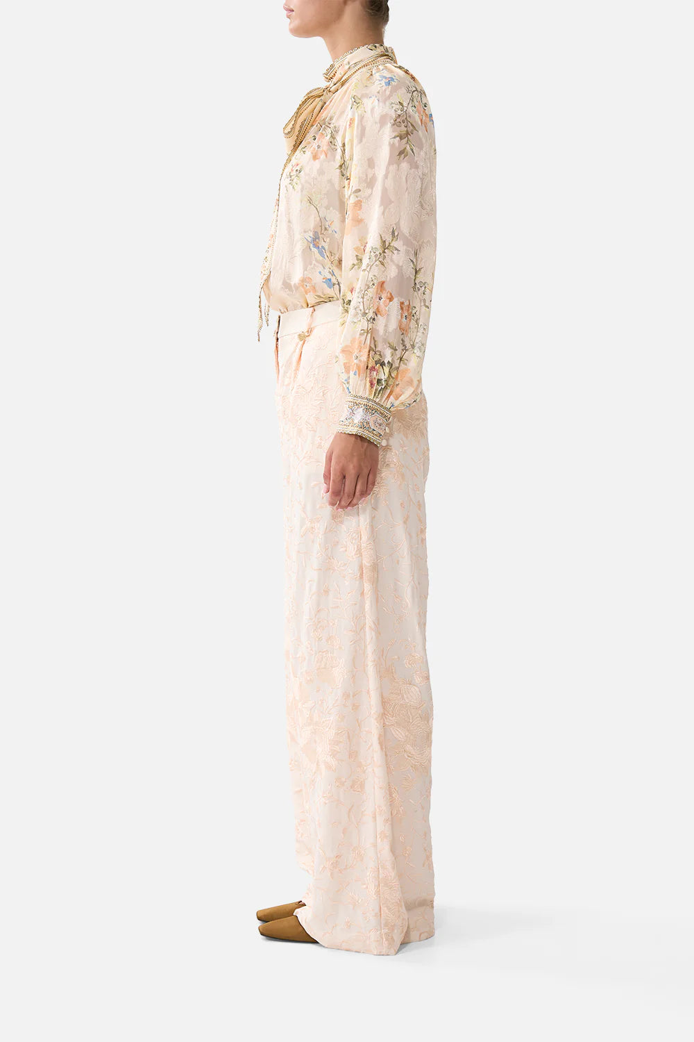 Twilight in Istanbul Detachable Pussy Bow Raglan Floral Silk Blouse in Beige