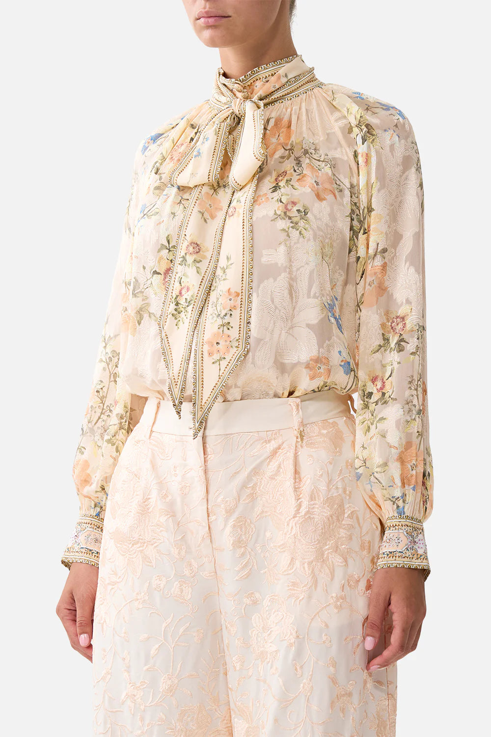 Twilight in Istanbul Detachable Pussy Bow Raglan Floral Silk Blouse in Beige