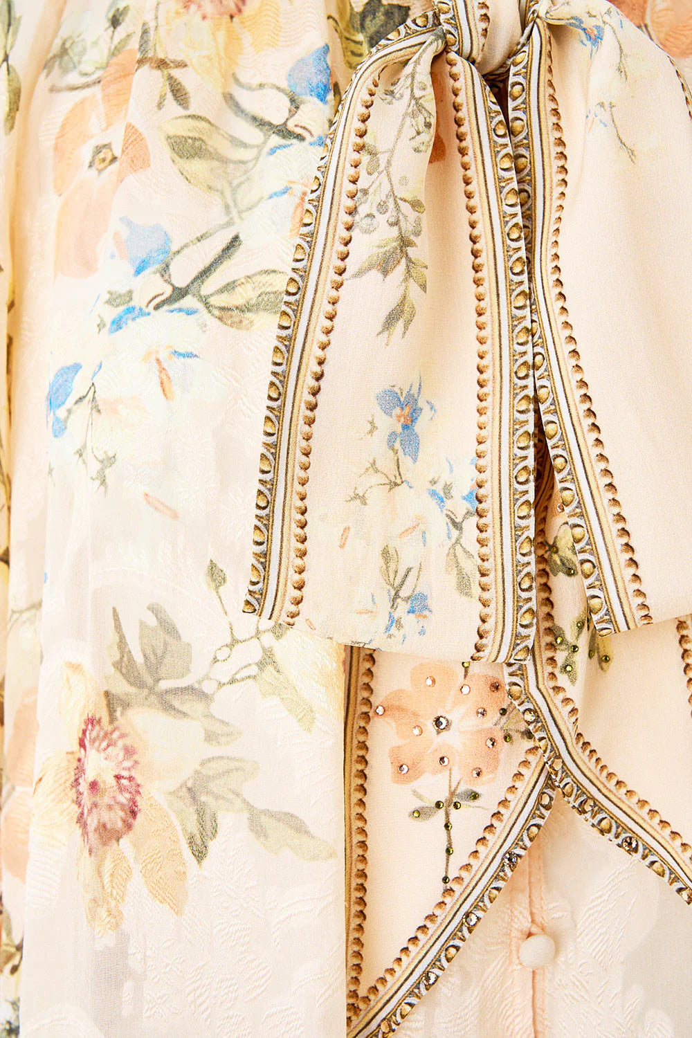 Twilight in Istanbul Detachable Pussy Bow Raglan Floral Silk Blouse in Beige