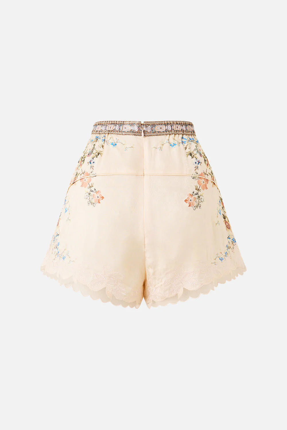 Twilight in Istanbul High Waisted Flared Floral Shorts in Beige