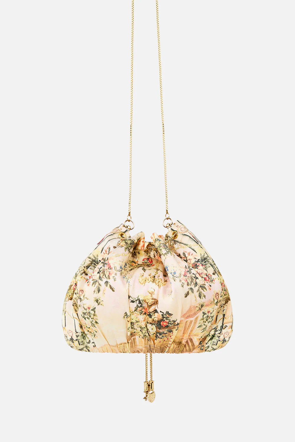 Twilight in Istanbul Drawstring Silk Pouch Bag With Chain Straps in Beige