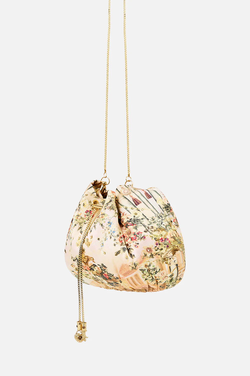 Twilight in Istanbul Drawstring Silk Pouch Bag With Chain Straps in Beige