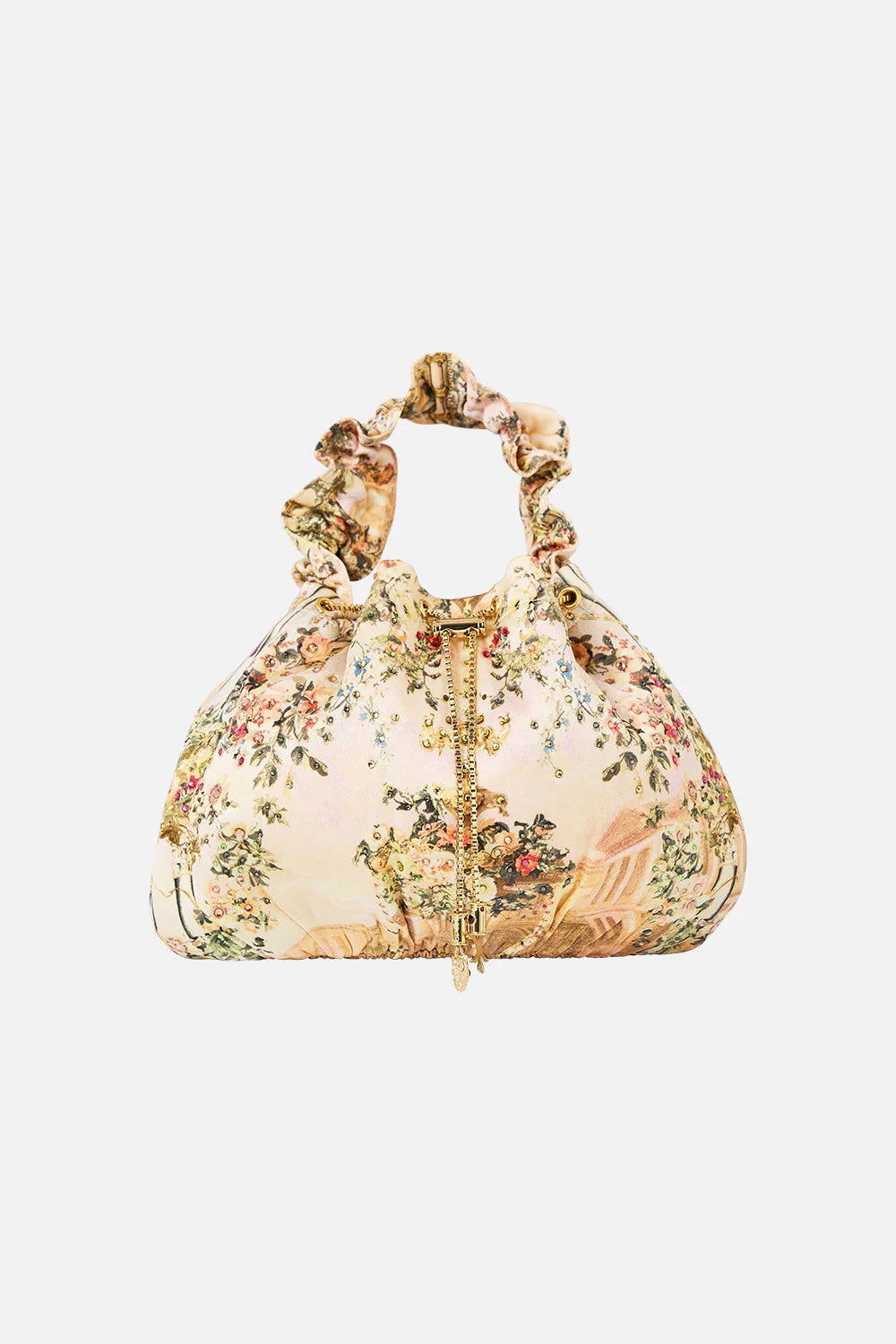 Twilight in Istanbul Drawstring Silk Pouch Bag With Chain Straps in Beige